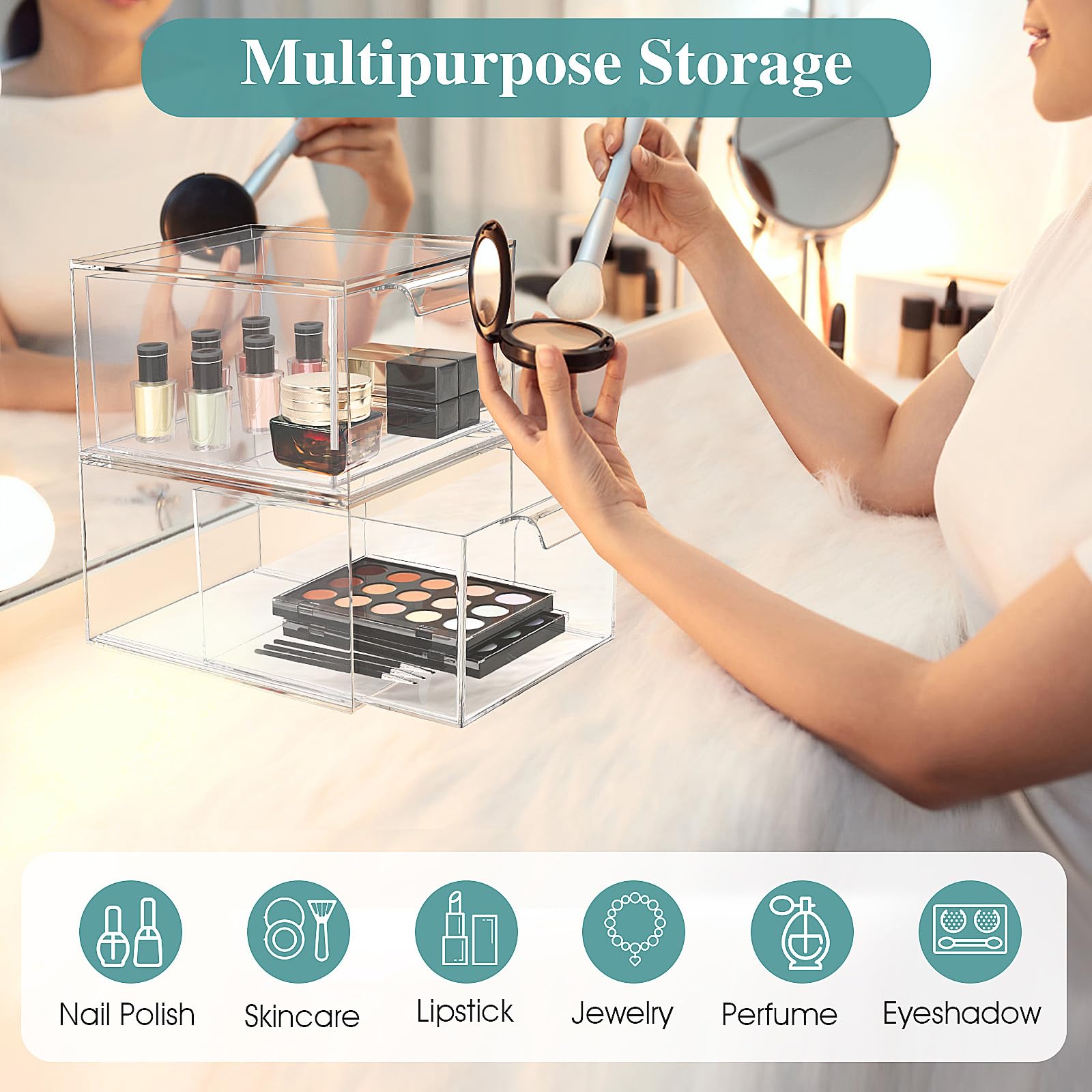 SpaceHacks Lot de 6 organiseurs de maquillage empilables et de rangement, organiseurs en acrylique, tiroir de rangement en plastique transparent avec poignées coulissantes pour coiffeuse, sous-évier,