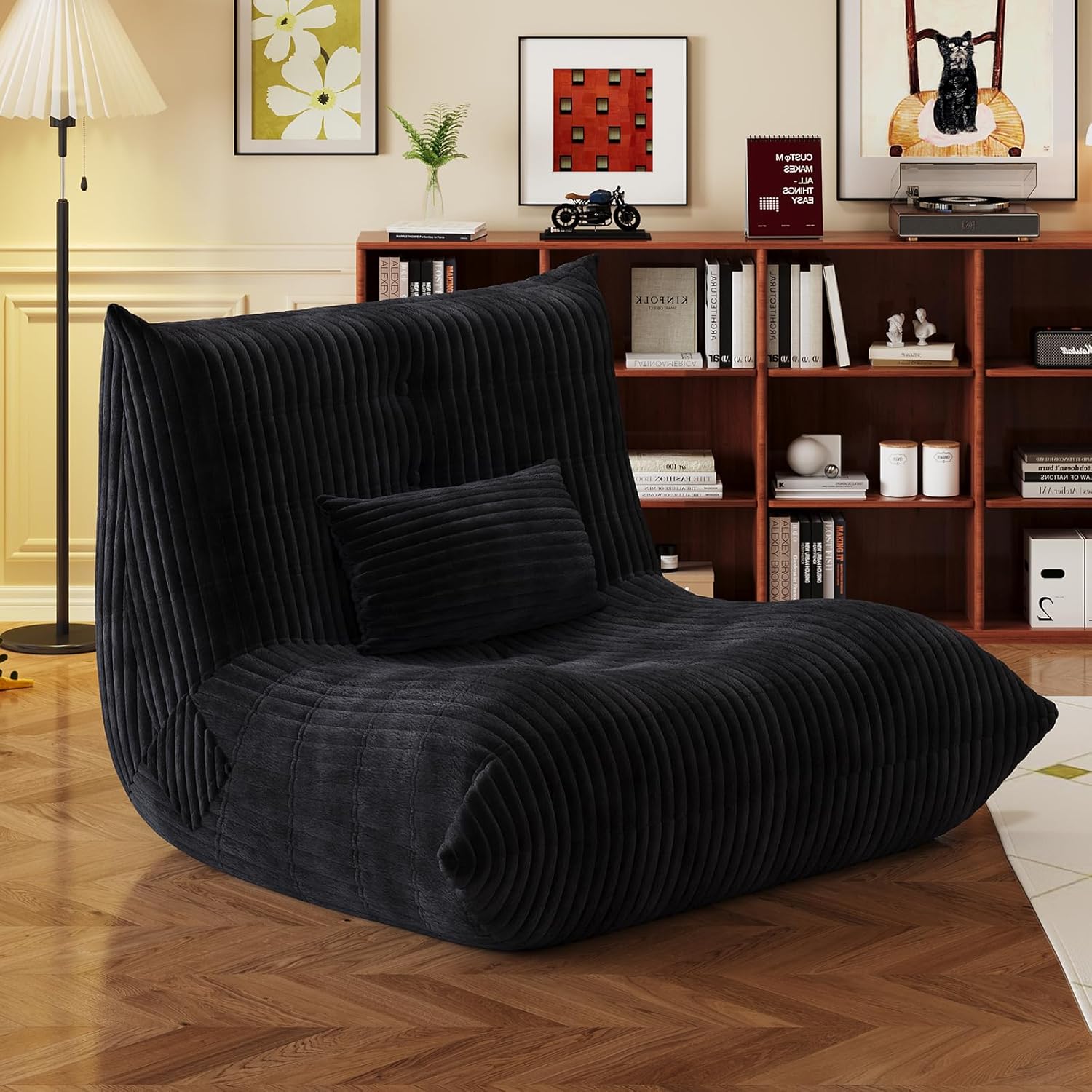 Bean Bag Chair with Pillow, Giant Flannal Memory Foam beanbags Lazy Sofa for Audlts Fireside Chair Armless Chair for Living Room Bedroom Dorm Office (Black, Single Sofa)