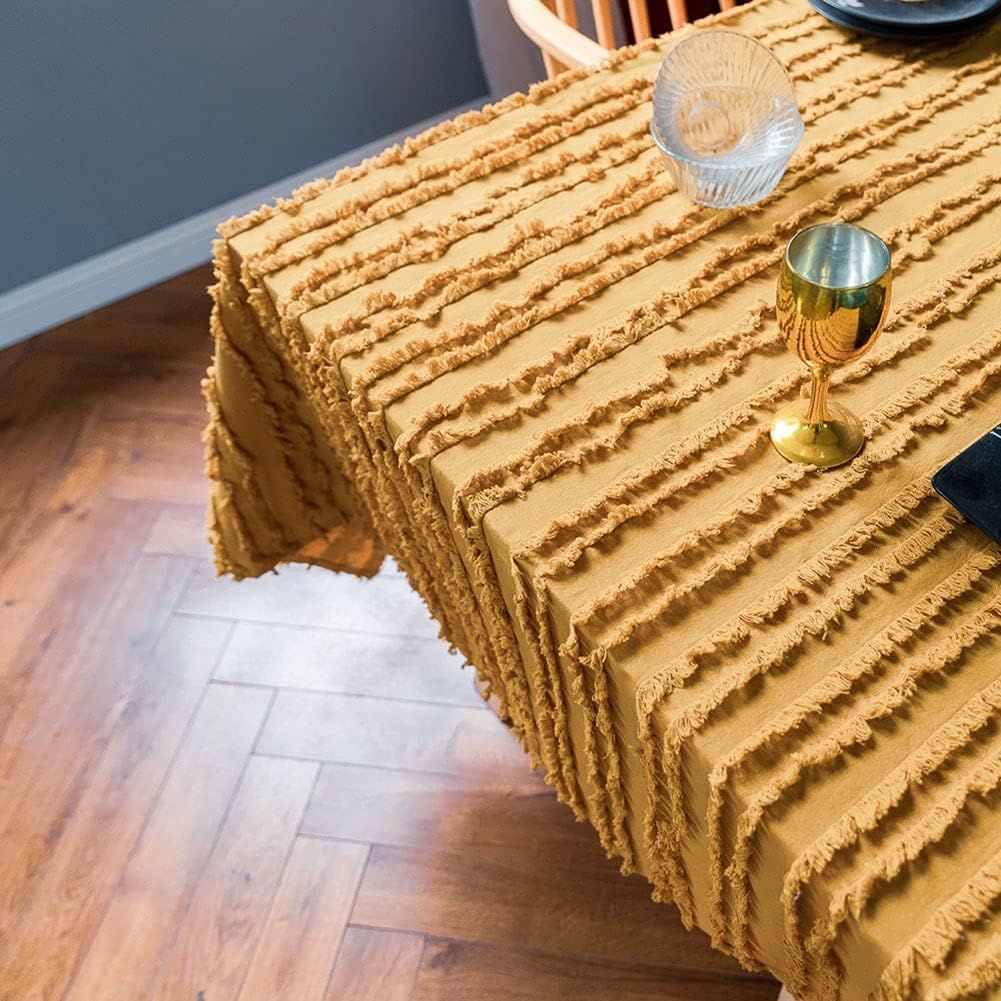 vctops Boho Cotton Linen Tablecloth Striped Jacquard Pattern Table Cover for Kitchen Dinning Farmhouse Tabletop Decoration (Mustard Yellow, 59"x79") : Home & Kitchen