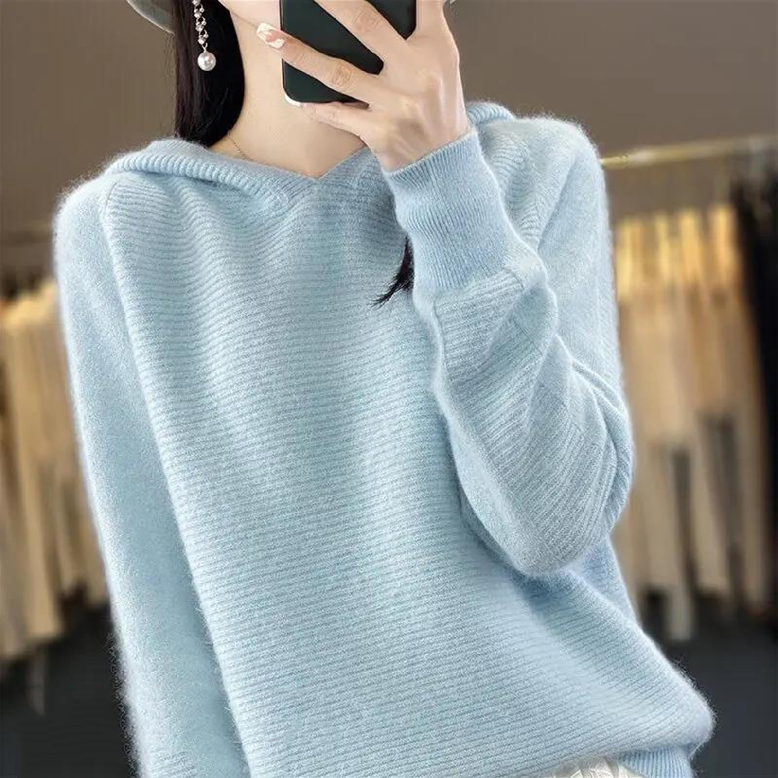 Maglione da donna lavorato a maglia con cappuccio in cashmere abbigliamento sportivo moda top femminile pullover maglione blu, Blu, L