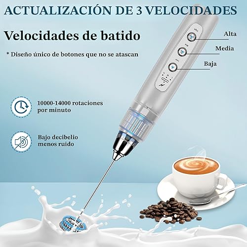 Miniatura 3 de Espumador de leche de mano para café, batidor eléctrico de 3 velocidades ajustables, mezclador de bebidas con 3 batidores de acero inoxidable,