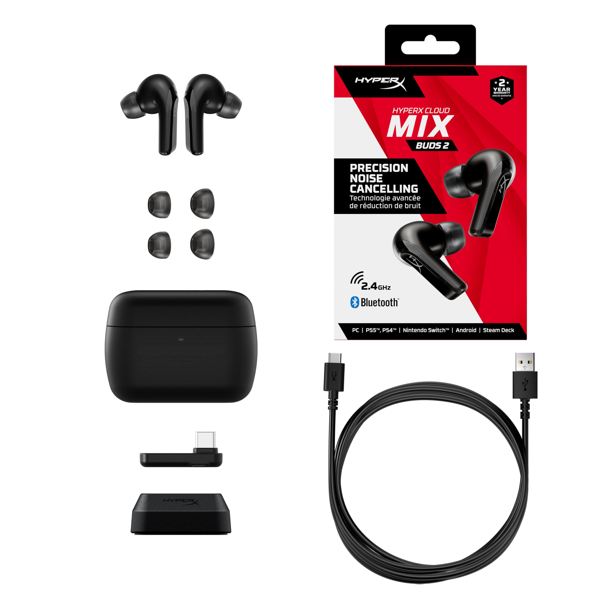 HyperX Cloud MIX Buds 2 Auricolari, Connessione Senza Filo 2,4 GHz o Bluetooth, 3 Misure di Copri auricolari in Silicone, Microfono Integrato, Custodia di Ricarica, Fino a 33 Ore di Autonomia, Nero