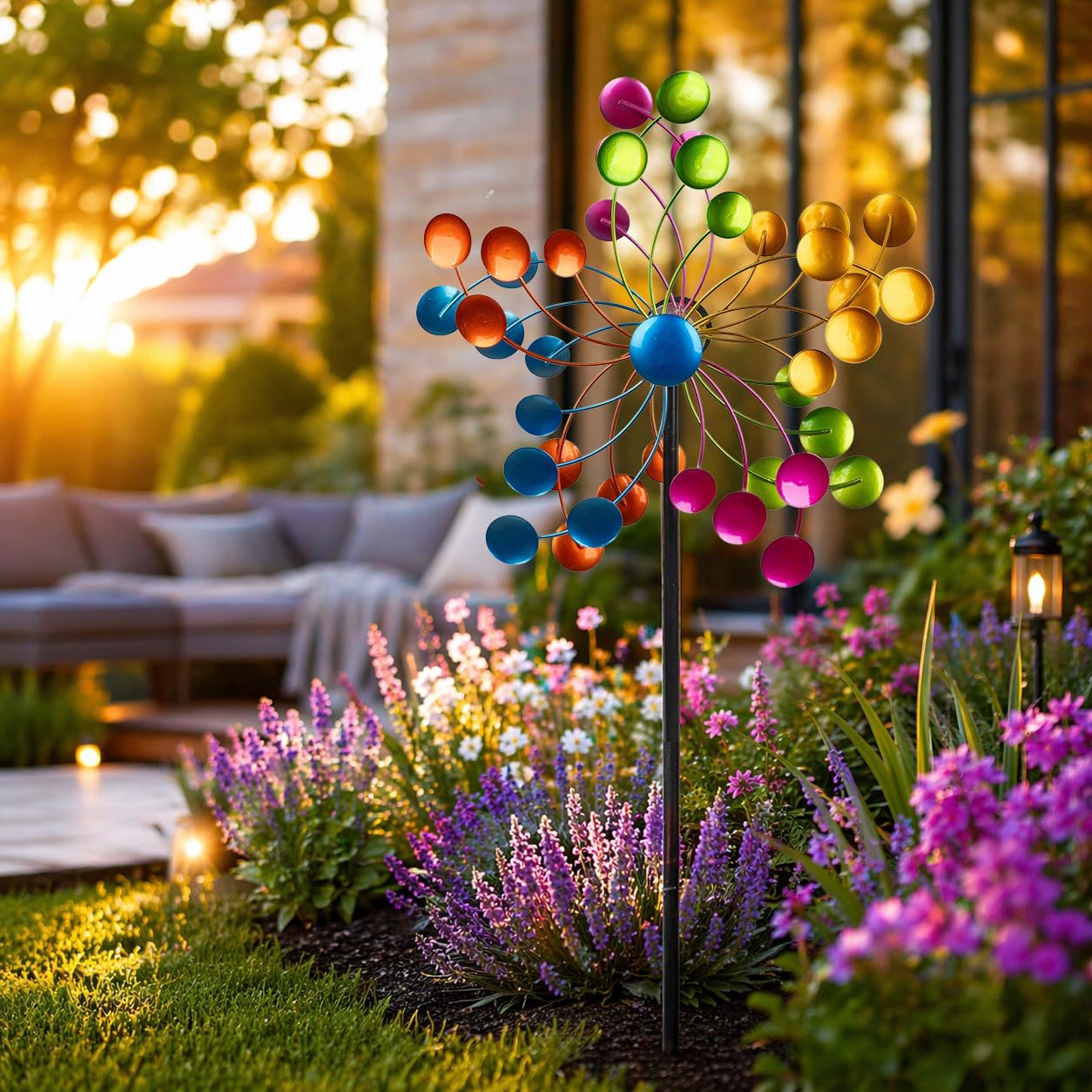 Kremers Schatzkiste Molinillo de viento para jardín, metal, con rodamiento de bolas, diámetro de 35 cm/122 cm, con estaca para suelo, decoración de jardín resistente a la intemperie para arriates