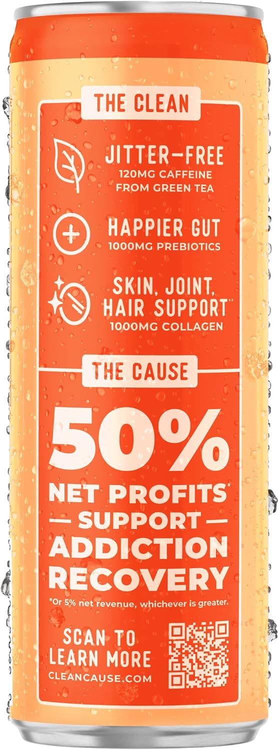 CLEAN Cause Orange Passion Sparkling Pick-Me-Up with Prebiotics & Collagen Peptides (12oz cans, 12-Pack Case) Low Sugar