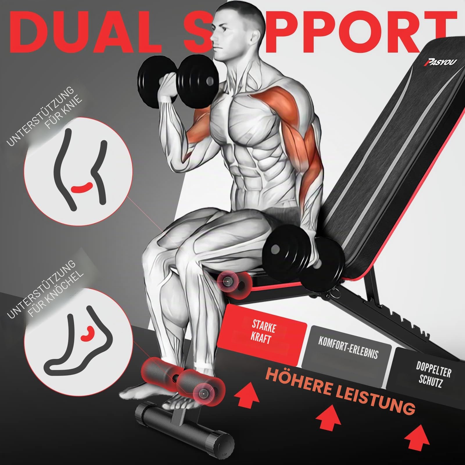 PASYOU Hantelbank Klappbar Verstellbar, Multifunktions Trainingsbank Schrägbank für Ganzkörper-workout，10 in 1 Fitnessbank für zu Hause oder im Fitnessstudio, 230kg Gewichtskapazität PA300