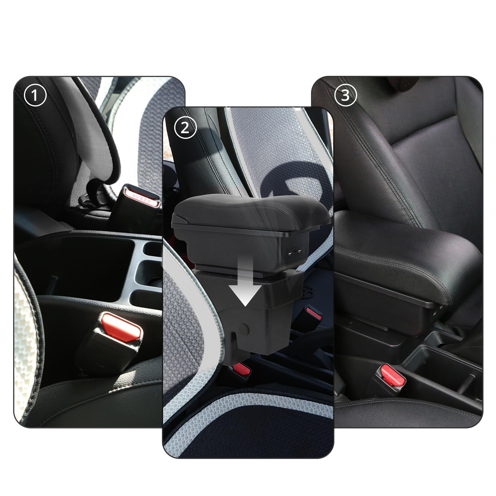 YJYWZH Ergonomico Bracciolo per Fiat Panda II con USB e USB-C | 2 Porte USB e 1 USB-C, Doppio vano portaoggetti, Bracciolo ergonomico scorrevole, Pelle PU, Base specifica per veicolo