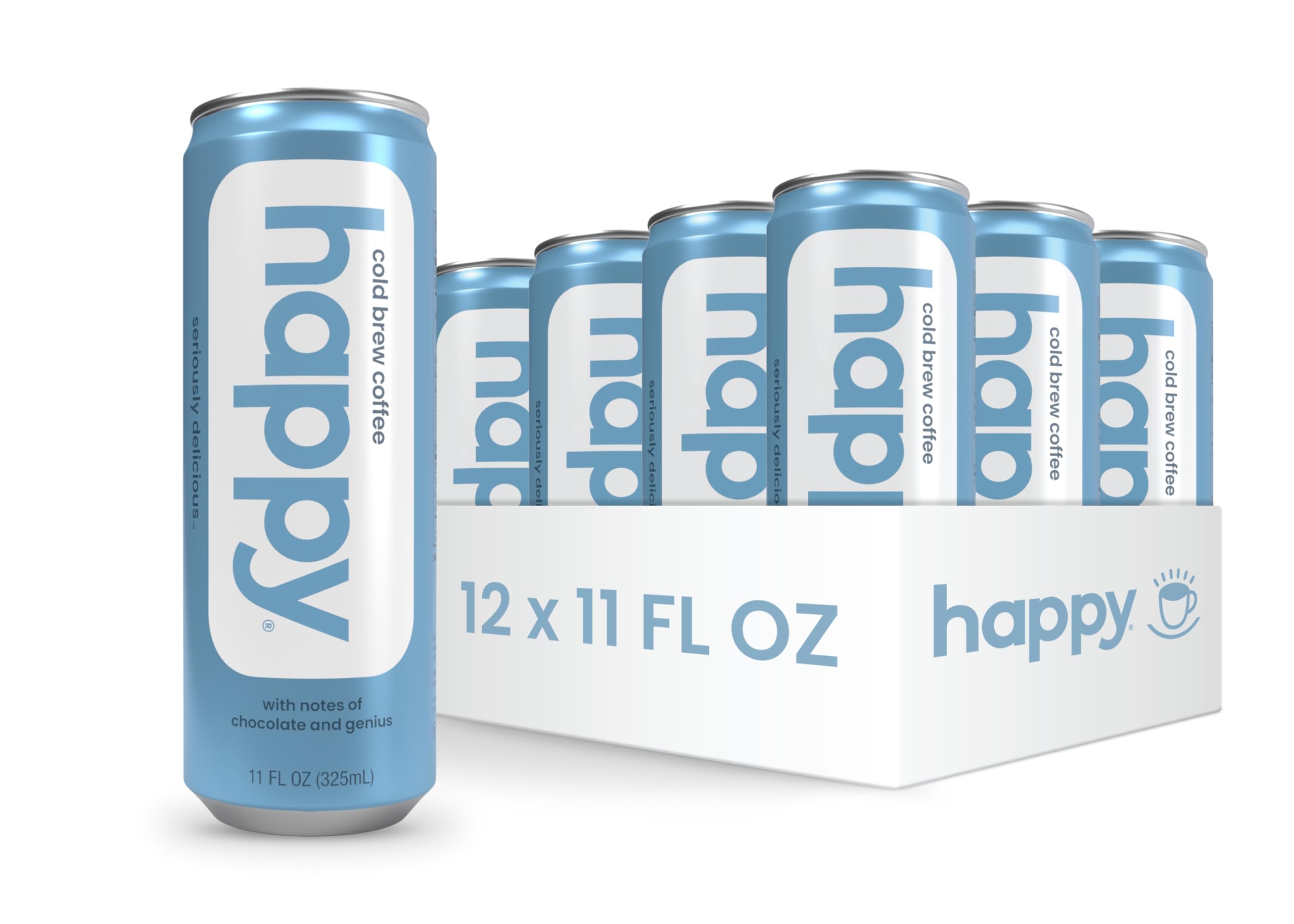 happy coffee cold brew, 11 oz. cans, 12 pack, notes of chocolate & genius, 100% arabica beans, no artificial flavors or sweeteners