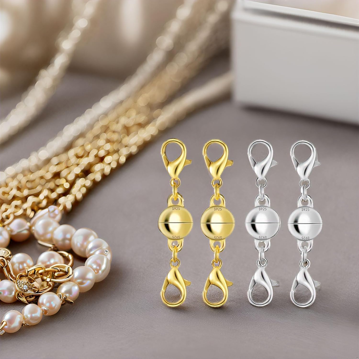 925 Sterling Silver Magnetic Necklace Clasp, Double Lobster Design, Jewelry Making Connector for Necklaces, S925 Stamped (4pcs Golden Silvery)