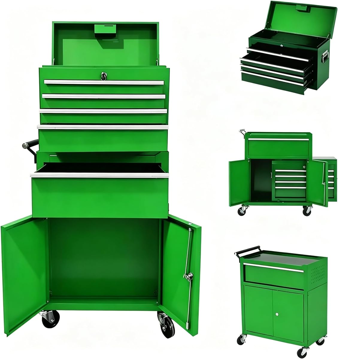 Caja de herramientas con ruedas de 5 cajones de 20 pulgadas, gabinete y baúl de herramientas desmontable 2 en 1, organizador de almacenamiento de metal con cerradura con caja de herramientas superior portátil para garaje, taller y hogar, verde