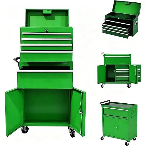 PeakPursuit Rolling Tool Chest, 5 Drawer Heavy Duty Mobile Tool Cart with Locking Wheels and Ball Bearing Slides, Garage Tool Storage Cabinet, Metal Tool Box on Wheels, Green
