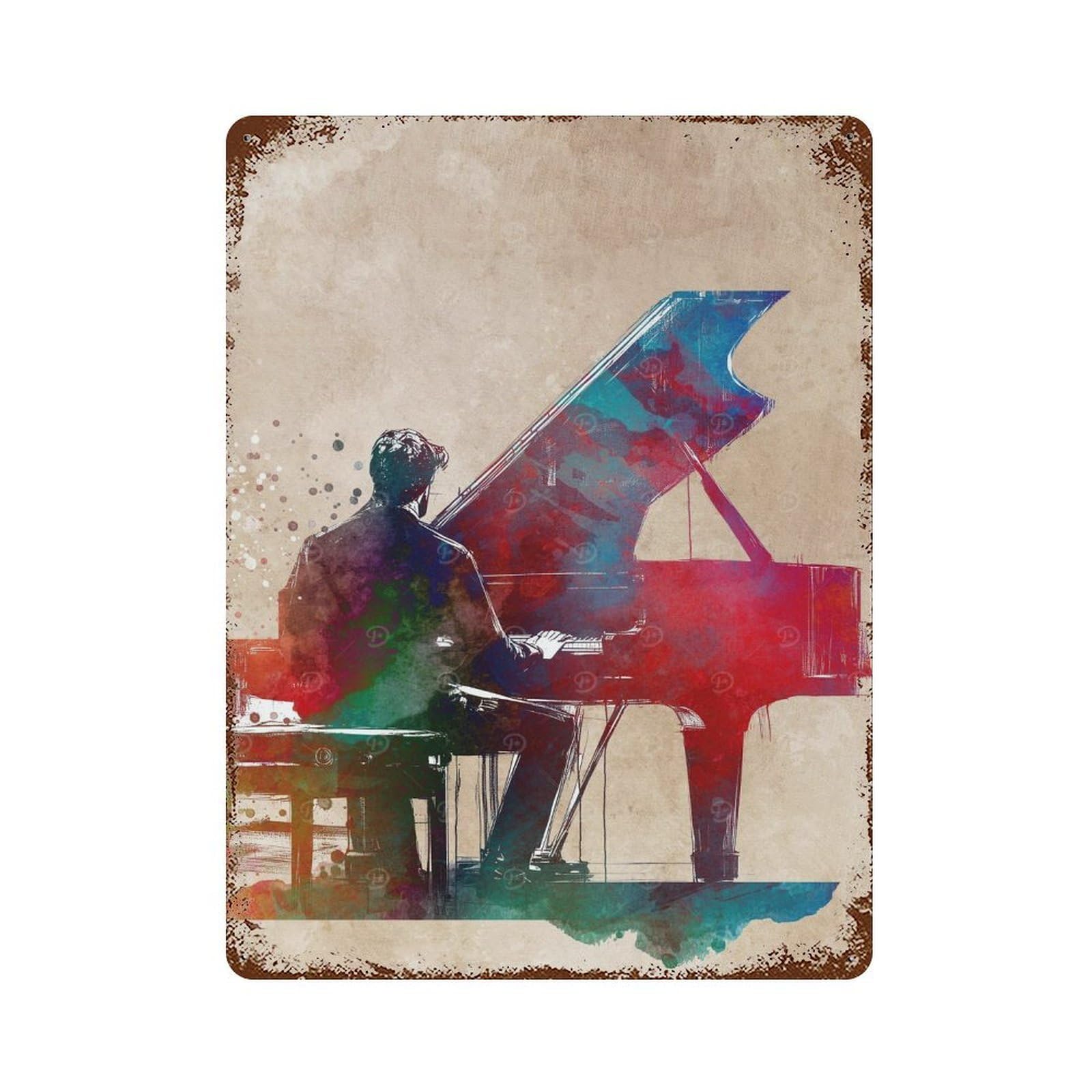 Piano Watercolor Art Rusty Metal Tin Sign 15.7"x11.8", Ideal for Patio, Garden Room And Bar Decor