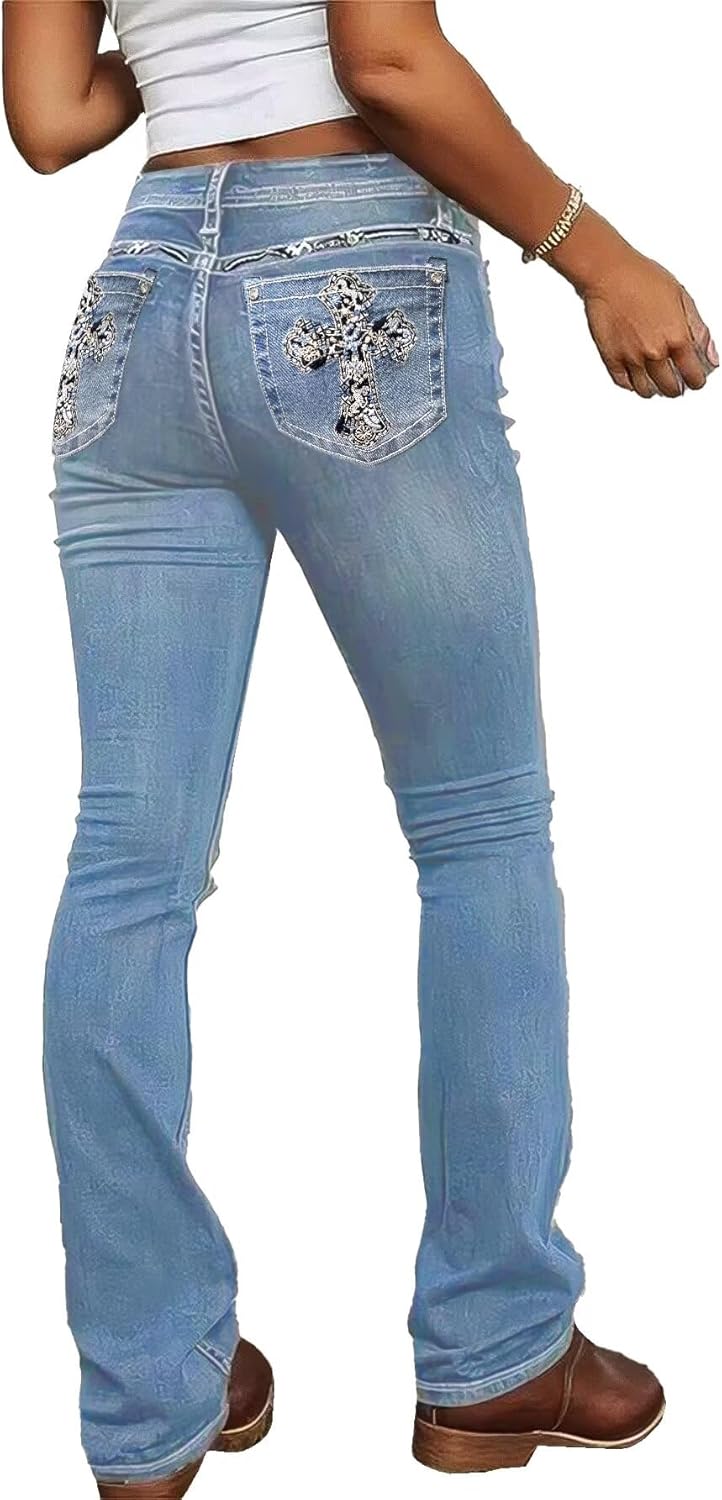 Flamingals Embroidered Bootcut Jeans for Women Mid Rise Stretchy Criss Cross Graphic Curvy Bell Bottom Jeans