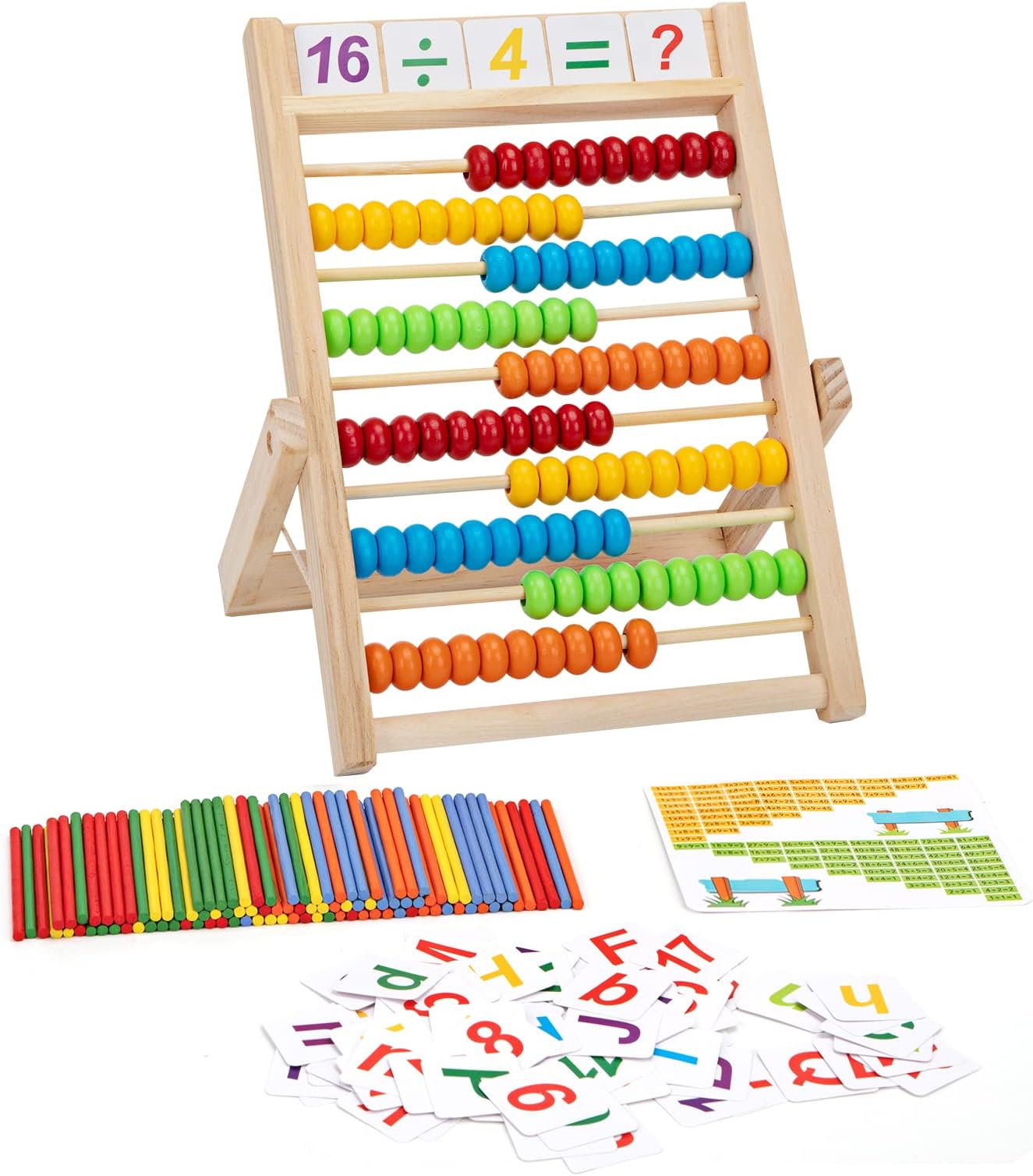 QH-ShopKids Learning Toy Wooden Abacus with Multi-Color Counting Beads, Counting Sticks and Number Cards, Preschool Educational Math Learning Toys Gift for Boys Girls Age 3+