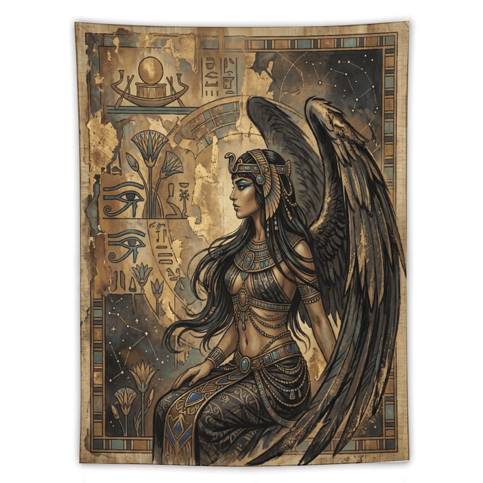 W7C8U2X3 Egyptian Winged Goddess Portrait Wall Tapestry, Papyrus Temple