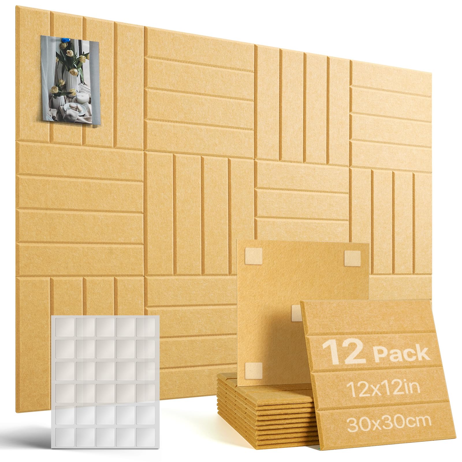 Woovio Bacheca in Sughero 120x90 cm,12 Pezzi con 60 Cuscinetti Adesivi Biadesivi, Bacheca da Parete Memoboard per Casa, Scuola, Ufficio, Camera dei Bambini (Giallo)