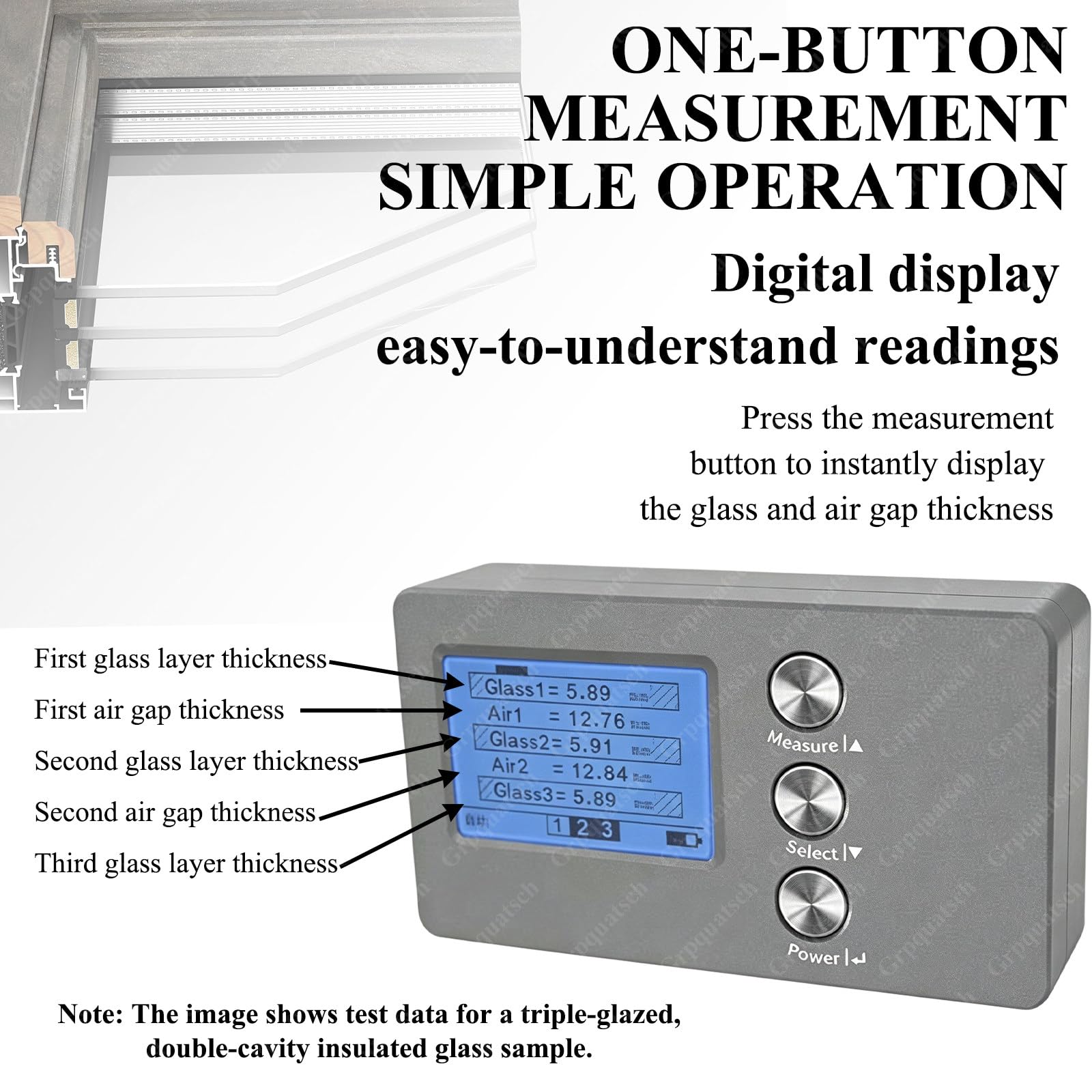Medidor de grosor de vidrio, medidor de grosor de vidrio aislante con pantalla HD retroiluminada, rango de grosor de 70 mm, precisión de 0,1 mm, para medición unilateral