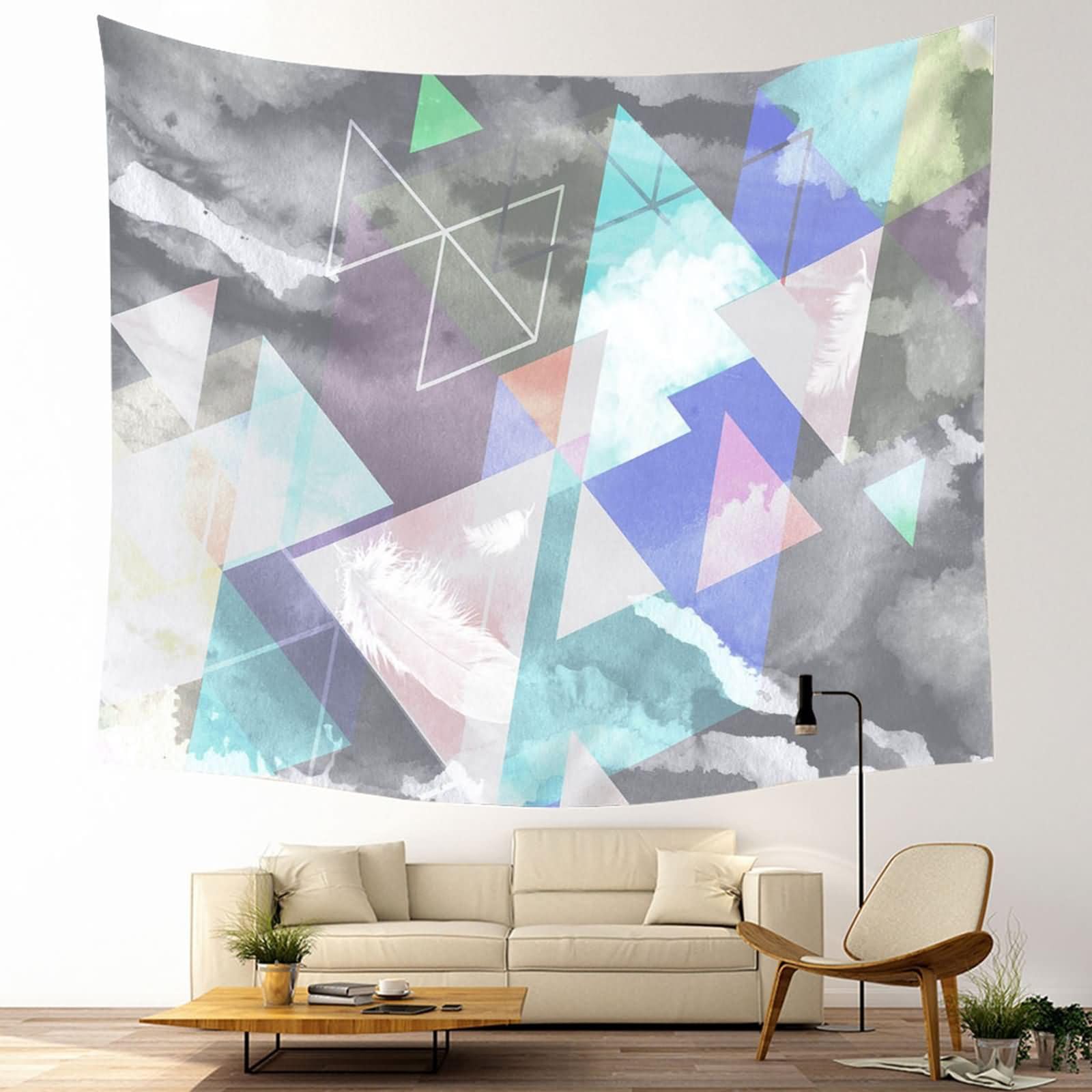 Homxi Tapiz Pared Sofá 350 x 256 CM,Tapiz para Sofa Poliéster Patrón de Triángulo Geométrico Tapices Cama Gris Azul