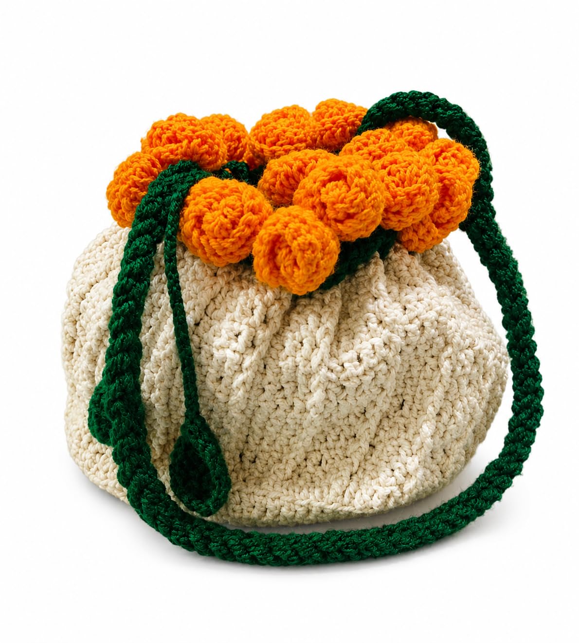 Handmade Crochet Bucket Bag, White, Medium, with 3D Floral Embellishment, Women's Crossbody Handbag-image-24