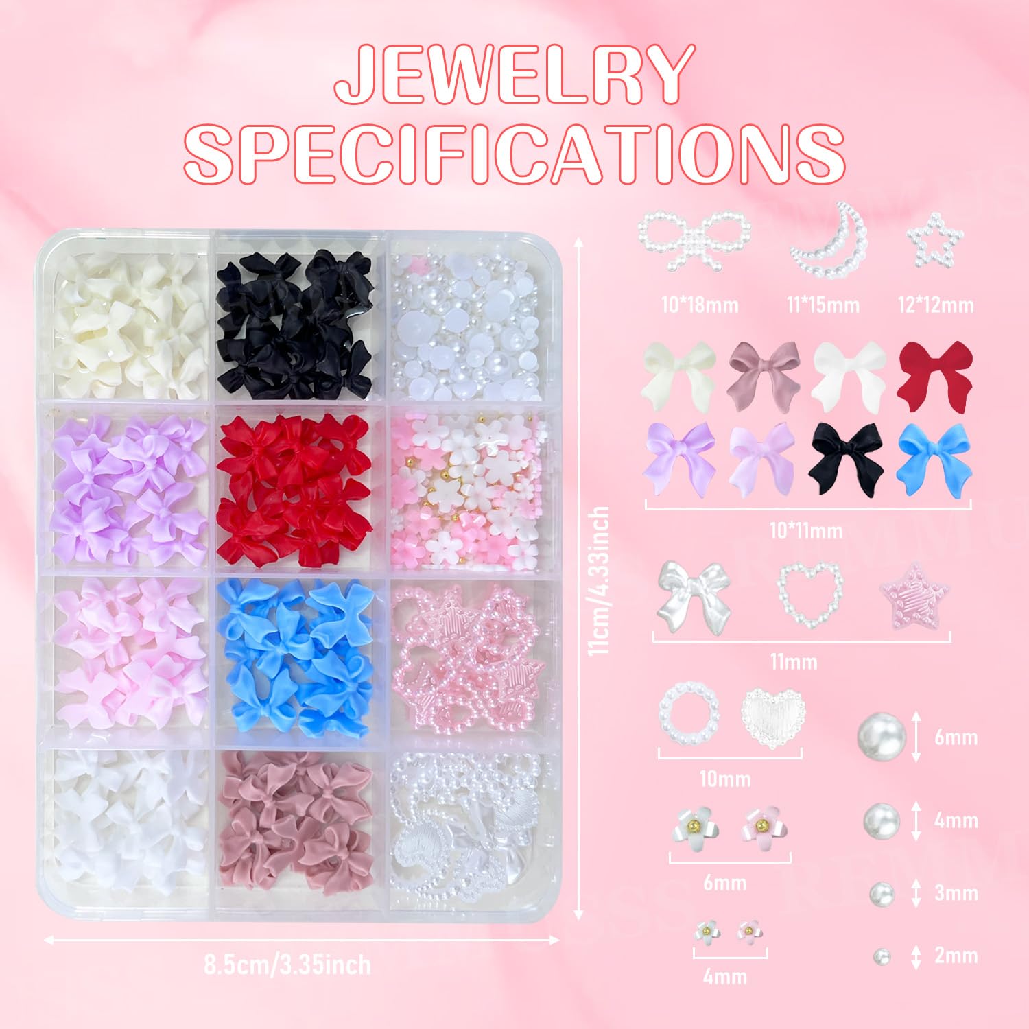 1 pudełko 12 siatek 3D Dekoracja paznokci, DIY Nail Art Design, Akcesoria do zdobienia paznokci dla kobiet i dziewcząt, mieszane kolorowe kokardy, płaskie tło koraliki, gwiazdy, kwiaty