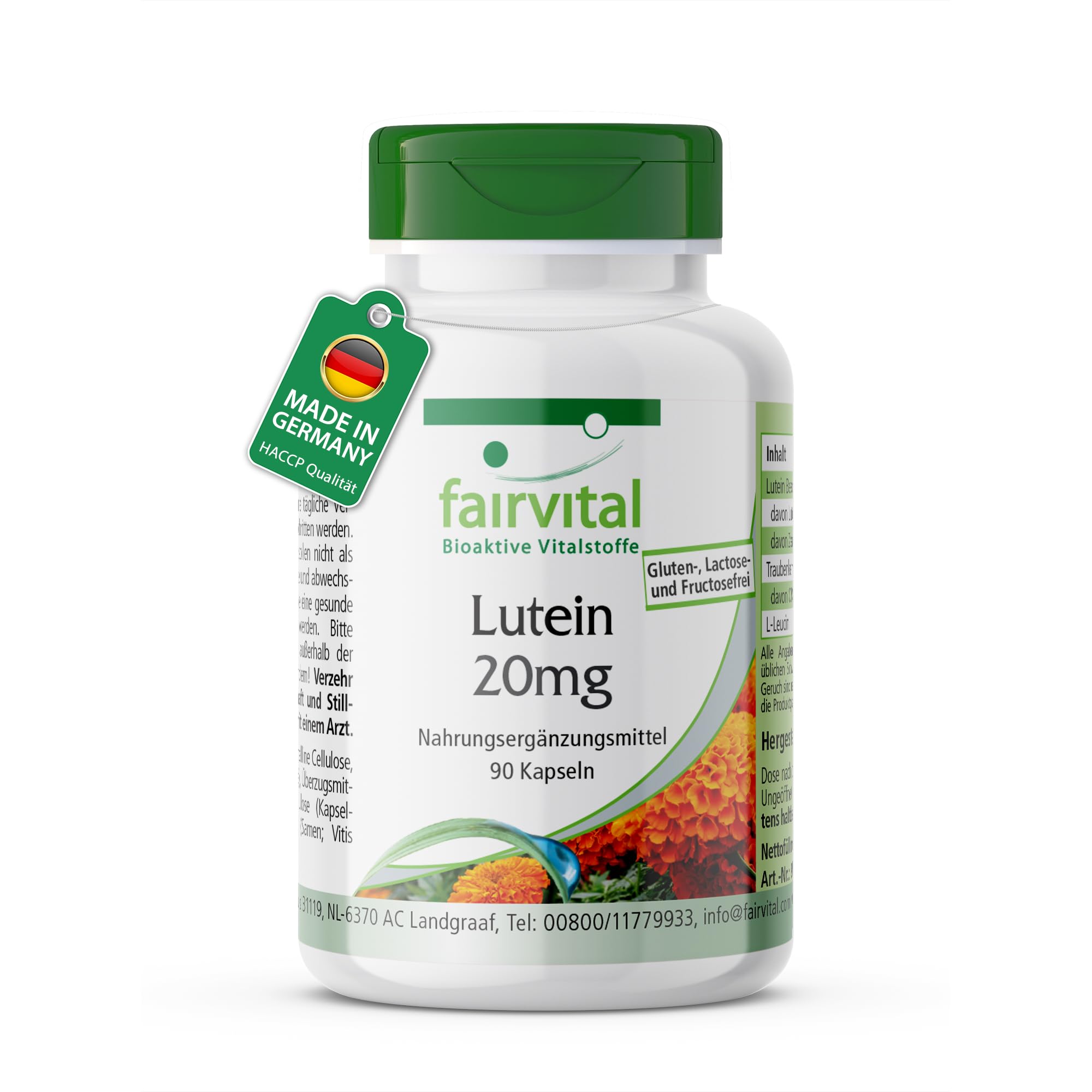 fairvital Lutein 20mg + Zeaxanthin, 90 Kapseln, schluckfreundlich, Hochdosiert & mikroverkapselt, VEGAN, ohne Magnesiumstearat