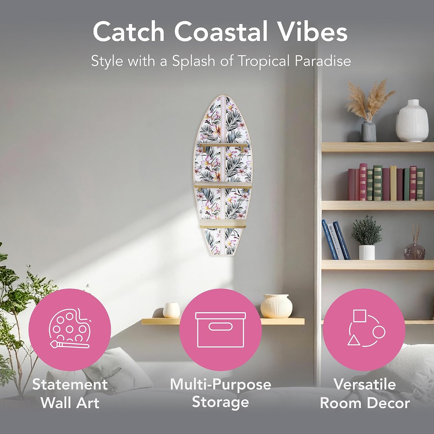 American Art Decor Tropical Flowers & Palms Surfboard Wall Shelf | Floral Beach Decor with Plumeria & Palm Leaves | Coastal Shelf for Bedroom, Living Room, Gallery, Office, or Meditation Space