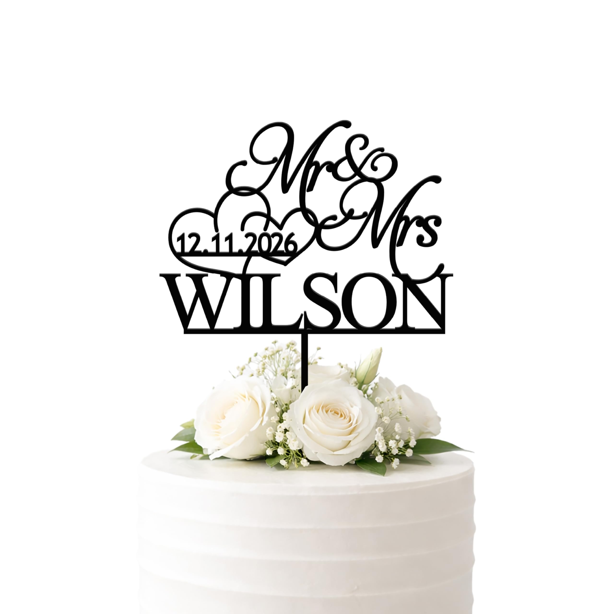 Personalised Mr & Mrs Wedding Cake Topper with Surname and Date Custom Heart Cake Topper Made from Acrylic or Wood