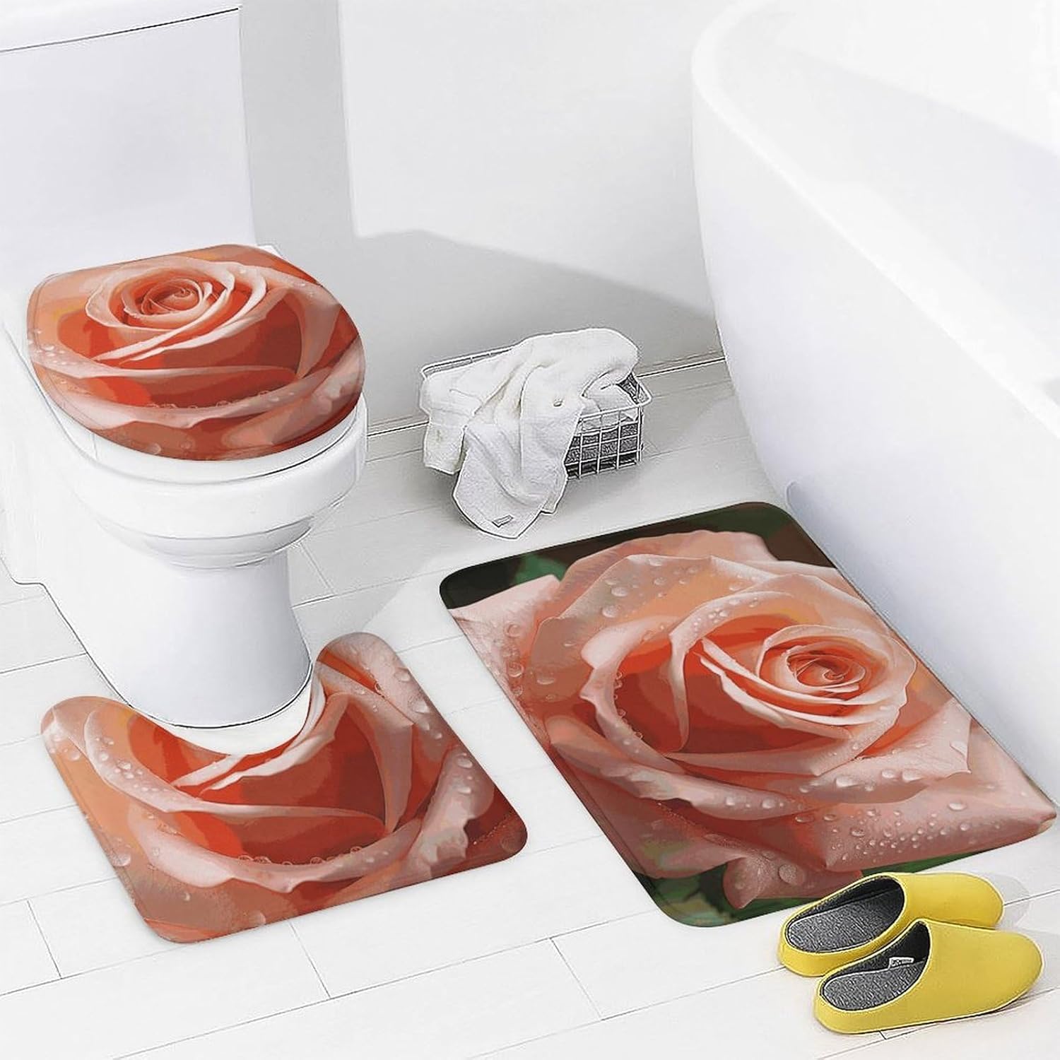 Rose Flower Shower Curtain Set 4 Piece, Non-Slip Bath Mat with Toilet Lid Cover and Waterproof Shower Curtain with 12 Hooks, Complete Bathroom Set for Home Decor