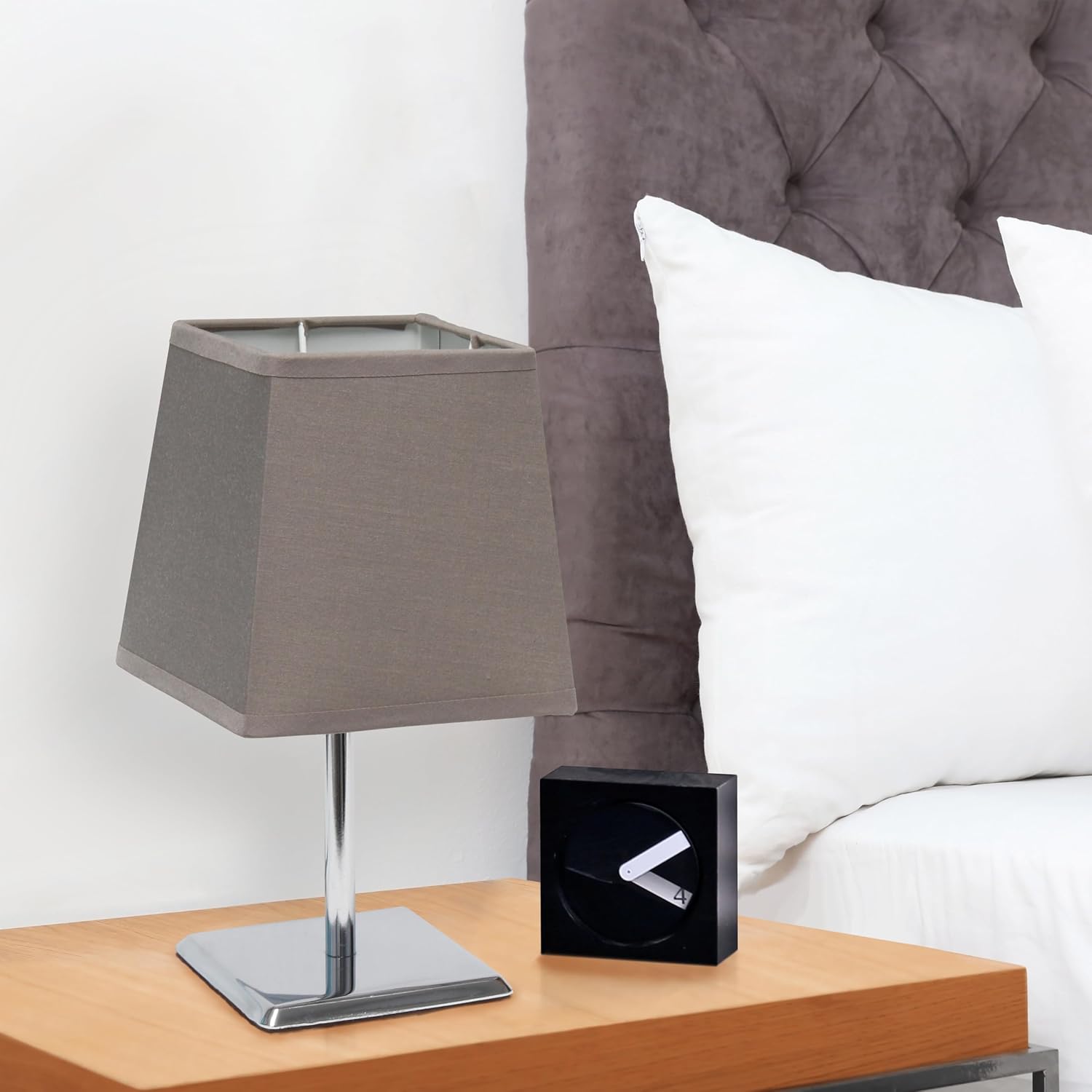 Simple Designs LT1209-GRY 9.65" Sleek and Square Mini Chrome Table Lamp with Empire Fabric Shade, for Living Room, Bedroom, Office, Gray image 5