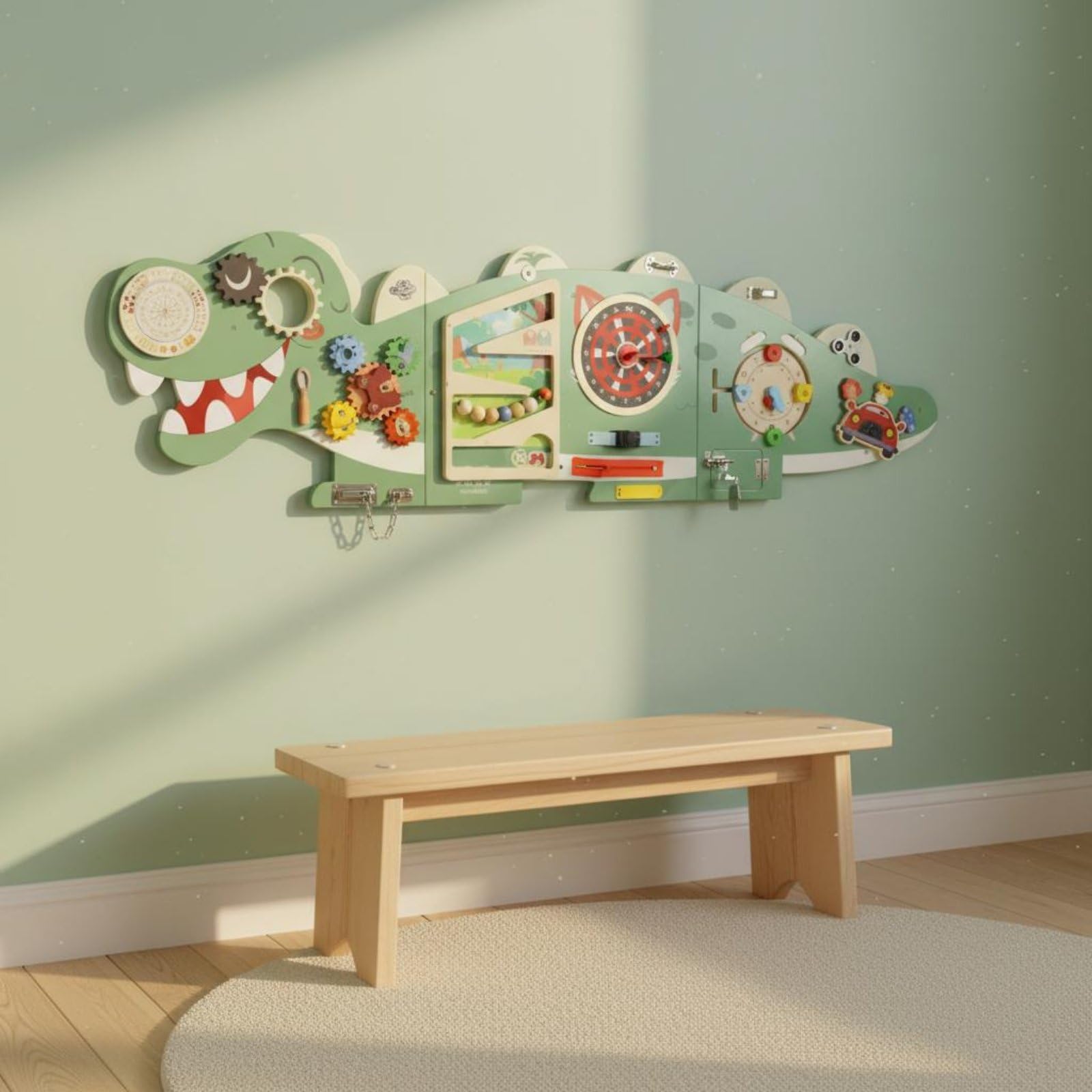 Gioco da Parete per Bambini Pannello Busy Interattivo con Ingranaggi Quadrante Cursori E Serrature in Legno per Apprendimento Attivo Adatto per Camerette Aree Gioco