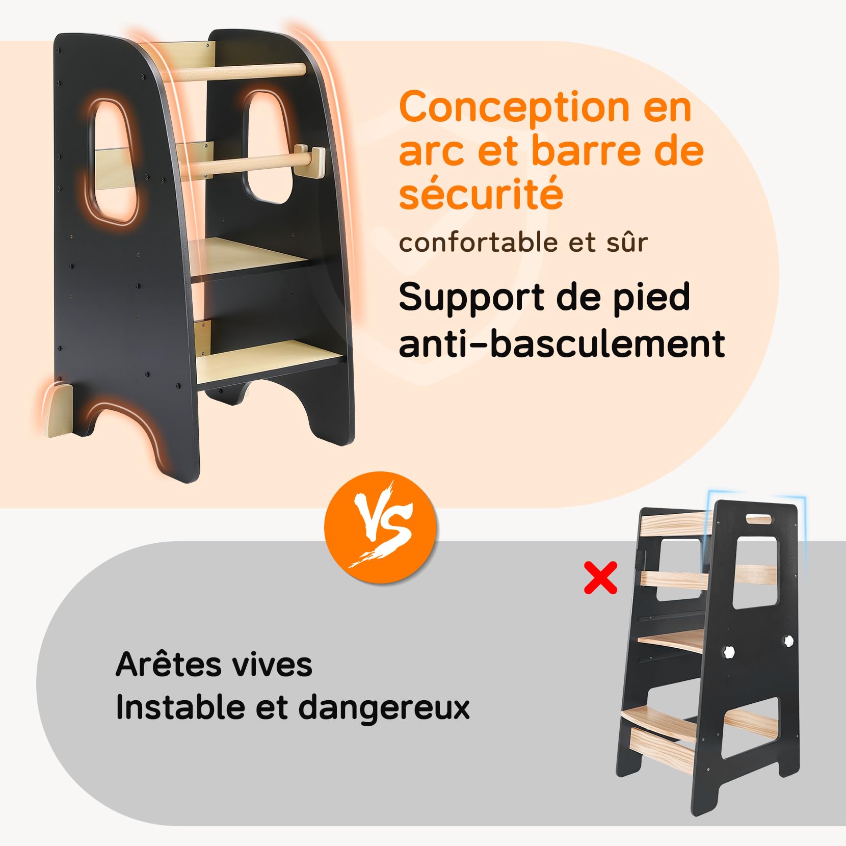 Tour d'apprentissage pour Enfants, Tour d'apprentissage 3 Hauteurs Réglables, Tour d'observation Enfant Montessori, Tour Eveil Bébé en Bois (Noir)