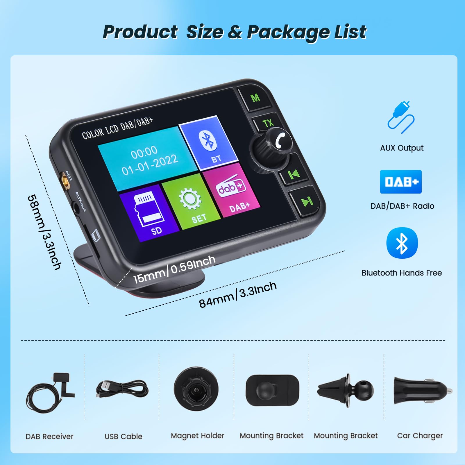 DAB Adattatore per Autoradio 2.4'' LCD Portatile DAB + Autoradio Adattatore con FM Trasmettitore Audio/Bluetooth Vivavoce/Bluetooth Musica/AUX In&Out/Supporto TF Card