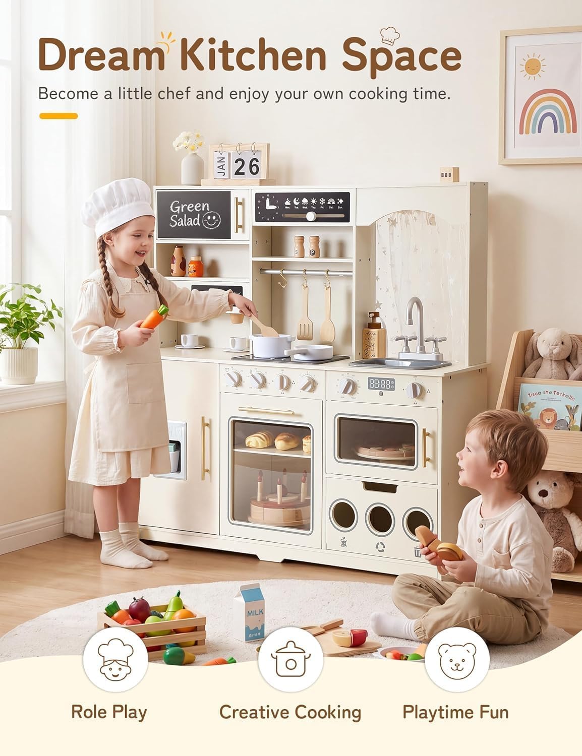 besrey Cucina Giocattolo per Bambini in Legno 105cm con Luci e Suoni, Beige | Con microonde, dispenser di ghiaccio e area per la raccolta differenziata; ampio spazio per giocare insieme dai 3 anni