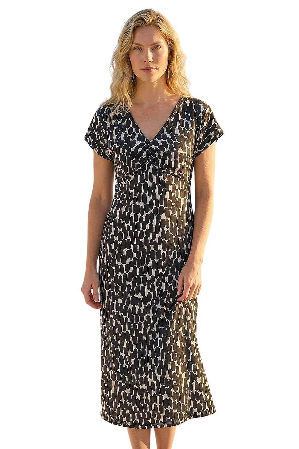 Roman Originals Women's Spot Black Ivory Tea Dress For Uk Skater Swing Fit & Flare Flattering Summer Knee Length Frill Hem Ruched Chest Casual Smart Cocktail Party Going Out - Size 14