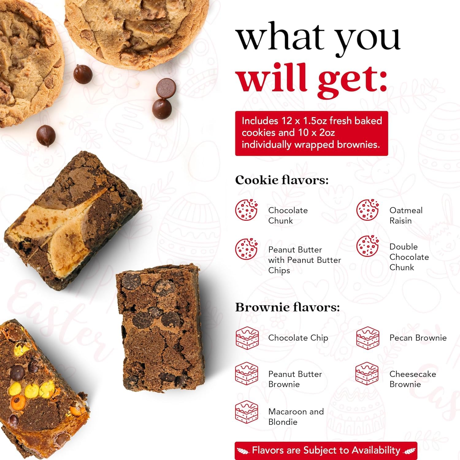 David’s Cookies Easter Gourmet Assorted Cookies and Brownies Gift Basket – 12 Fresh Baked Cookies & 10 Individually Wrapped Brownies – Delicious Springtime Treats for Family, Friends & Celebrations