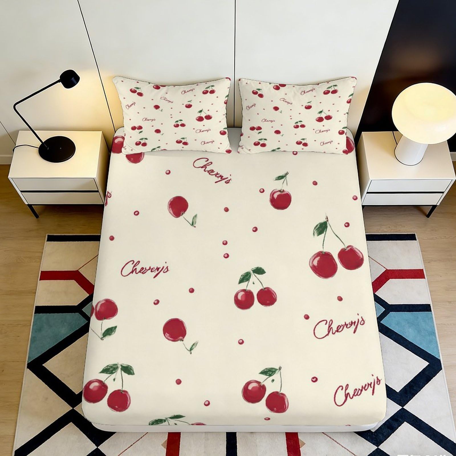 3D Printed Cherry Pattern Fitted Sheet Microfiber Red Fruit Bed Cover Anti-Slip Easy Care for Bedroom Dorm Decor 90x200x25cm