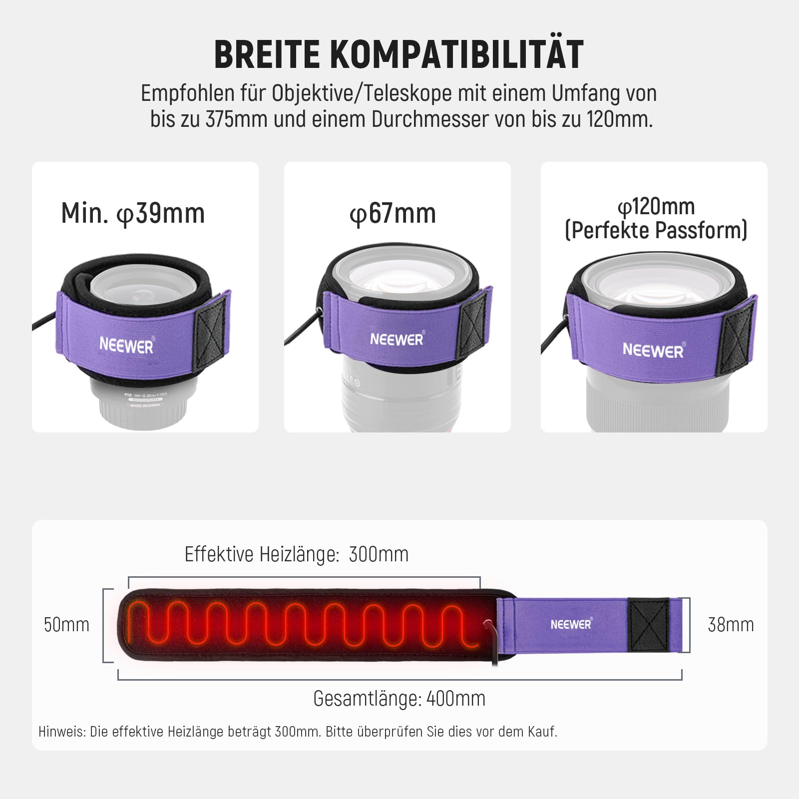 NEEWER 400mm Objektivheizung für Kamera Teleskop, USB Lens Heater Warmer mit 3 Temperaturstufen, Objektiv Wärmer verhindert Tau Nebel und Kondensation für DSLR Cam Fernglas Astrofotografie, HW-29B
