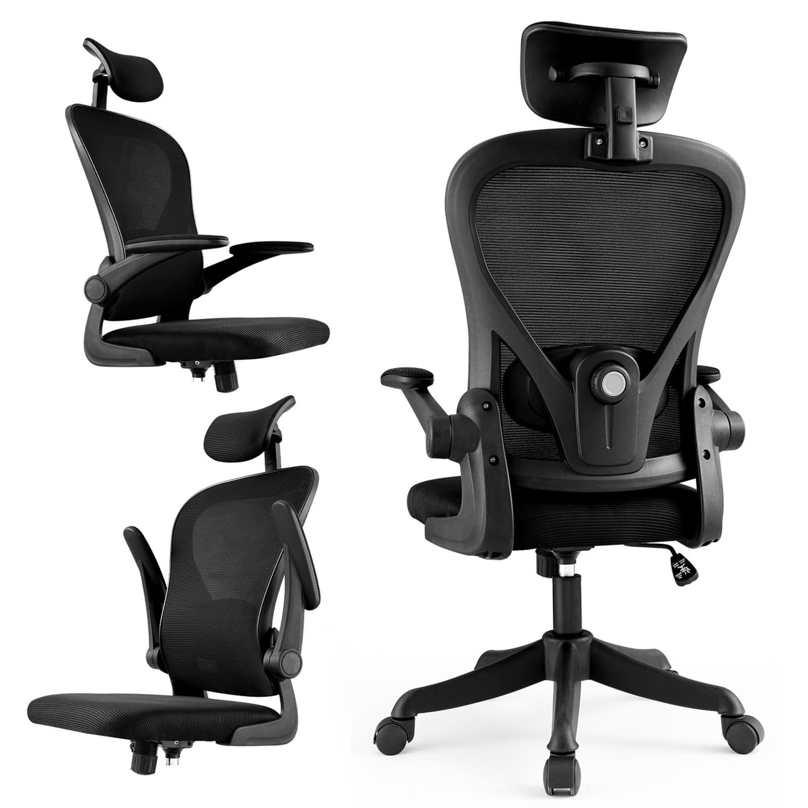 Silla de Oficina Ergonómica y Gaming, con Reposacabezas Ajustable, Soporte Lumbar, Brazos Plegables y Asiento Cómodo, Soporta hasta 120 kg