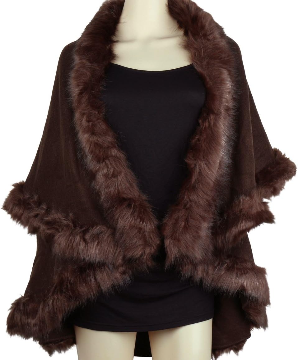 winfunup Womens Faux Fur Cape Coats Dress Plus Size (Brown)