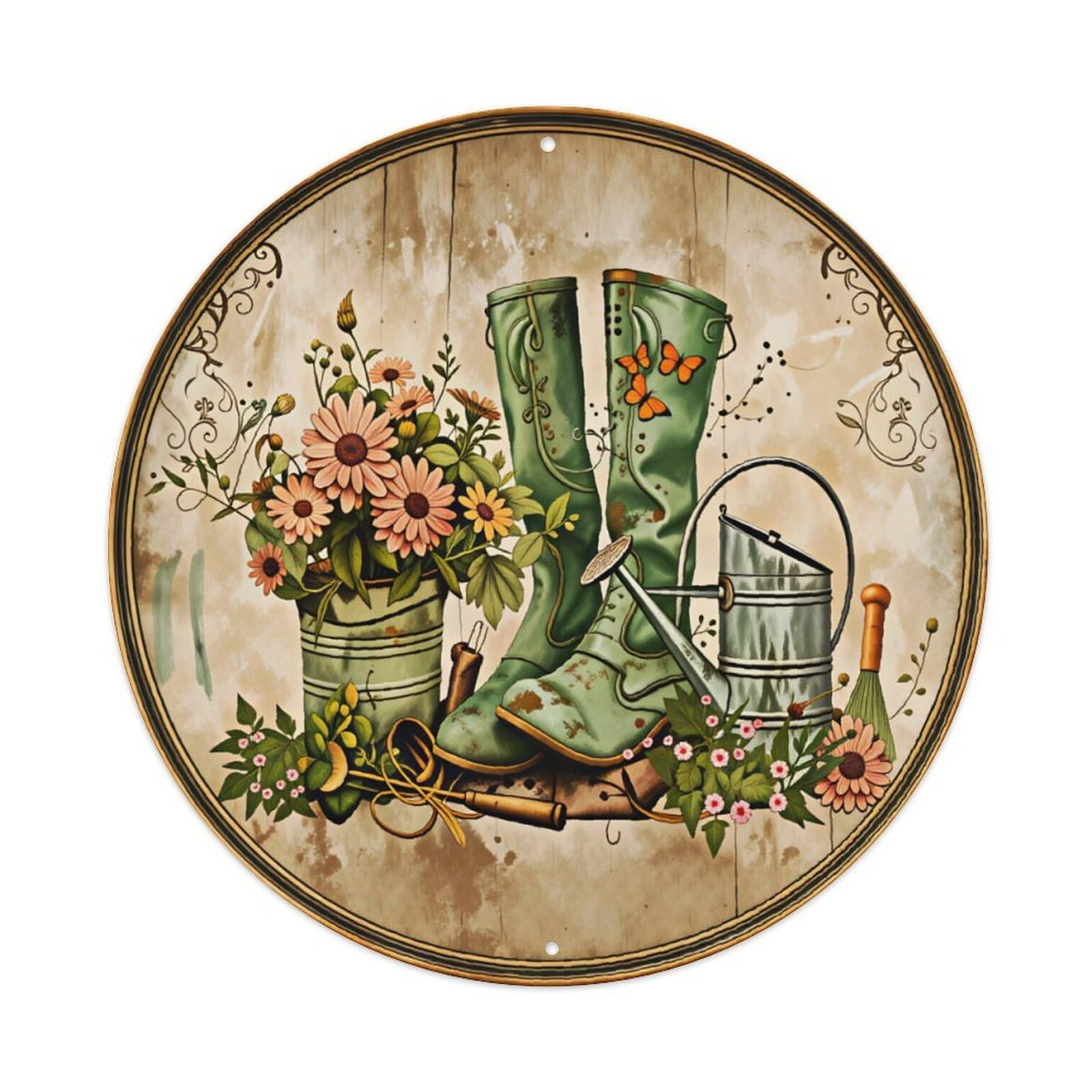 Ldfuieksufg Style Round Vintage Green Garden Boots Daisy Watering Can Metal Wall Sign Vintage Aluminium Metal Sign, Retro Wall Decor For Home, Bar, Garage & Farmhouse 20X20cm