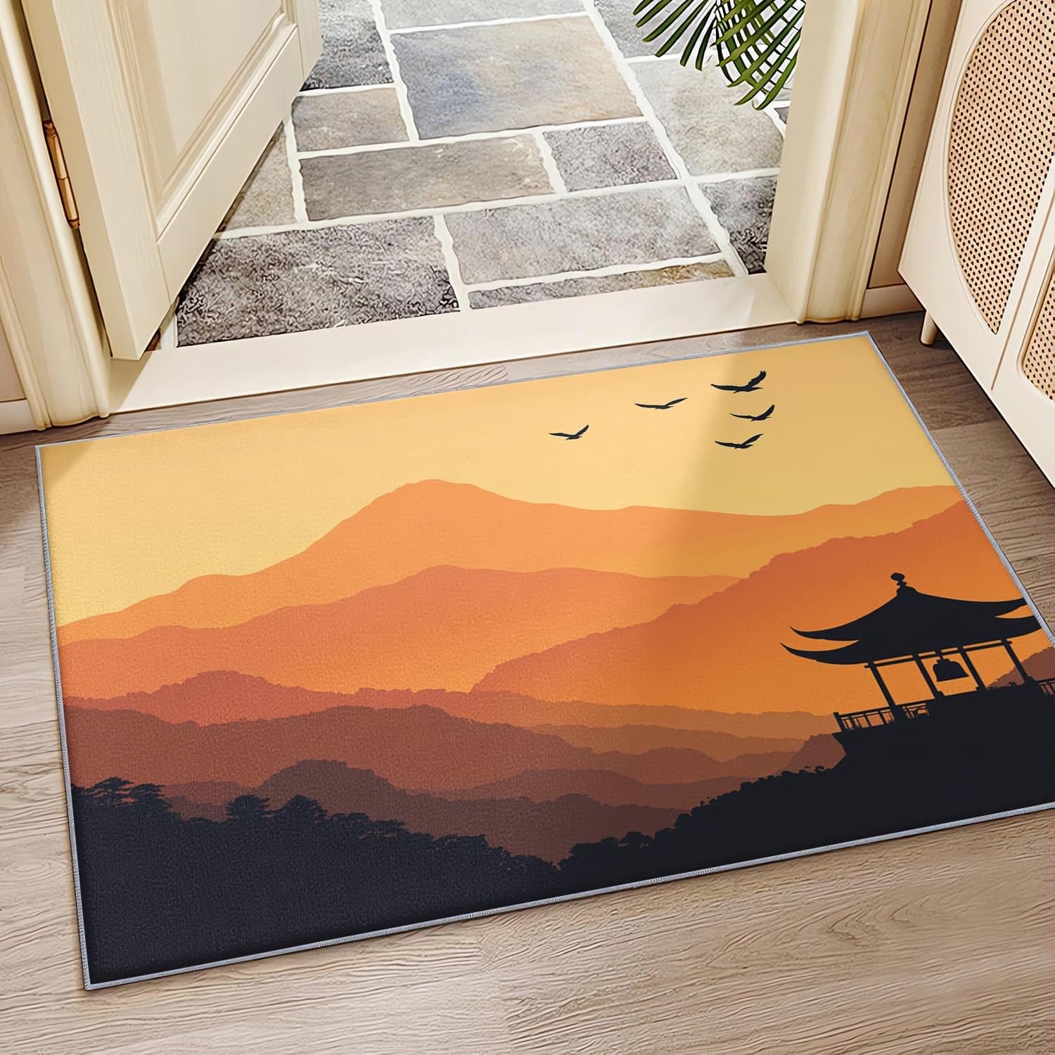 Genérico Alfombra Salón Dormitorio 80x150 cm Paisaje de Atardecer Natural Moderna Lavable y Antideslizante Pelo Corto de Alfombra Naranja Suave Esponjoso Sin Desprendimiento para Habitación Infantil