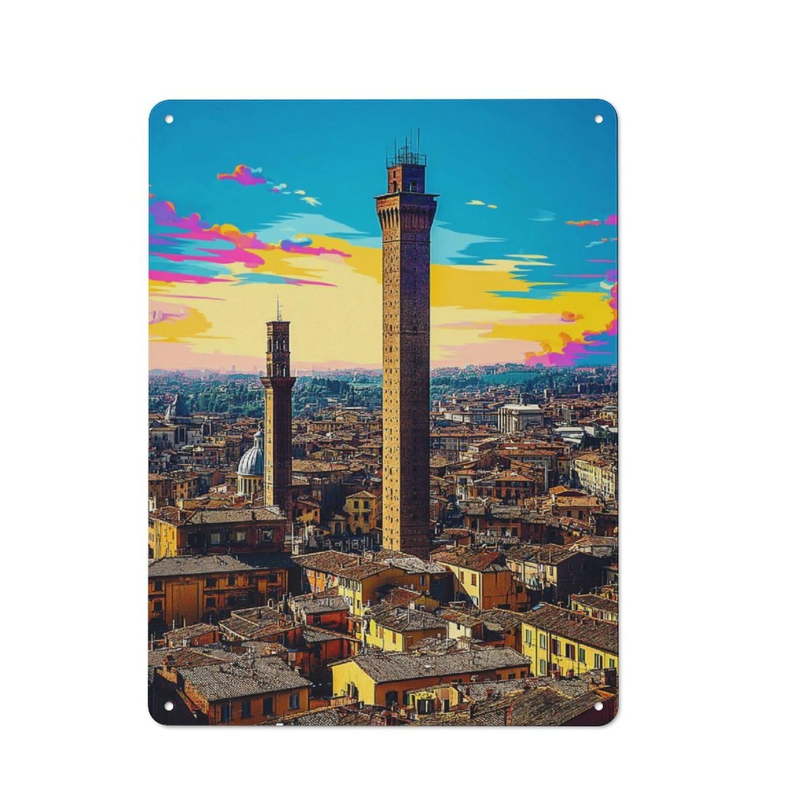 Junmoney Brightly Colored Cityscape With Towers Decorative Tin Sign With Design 40X30cm, Farmhouse Cottage Wall Art For Farmhouse Kitchen, Pantry Or Dining Area