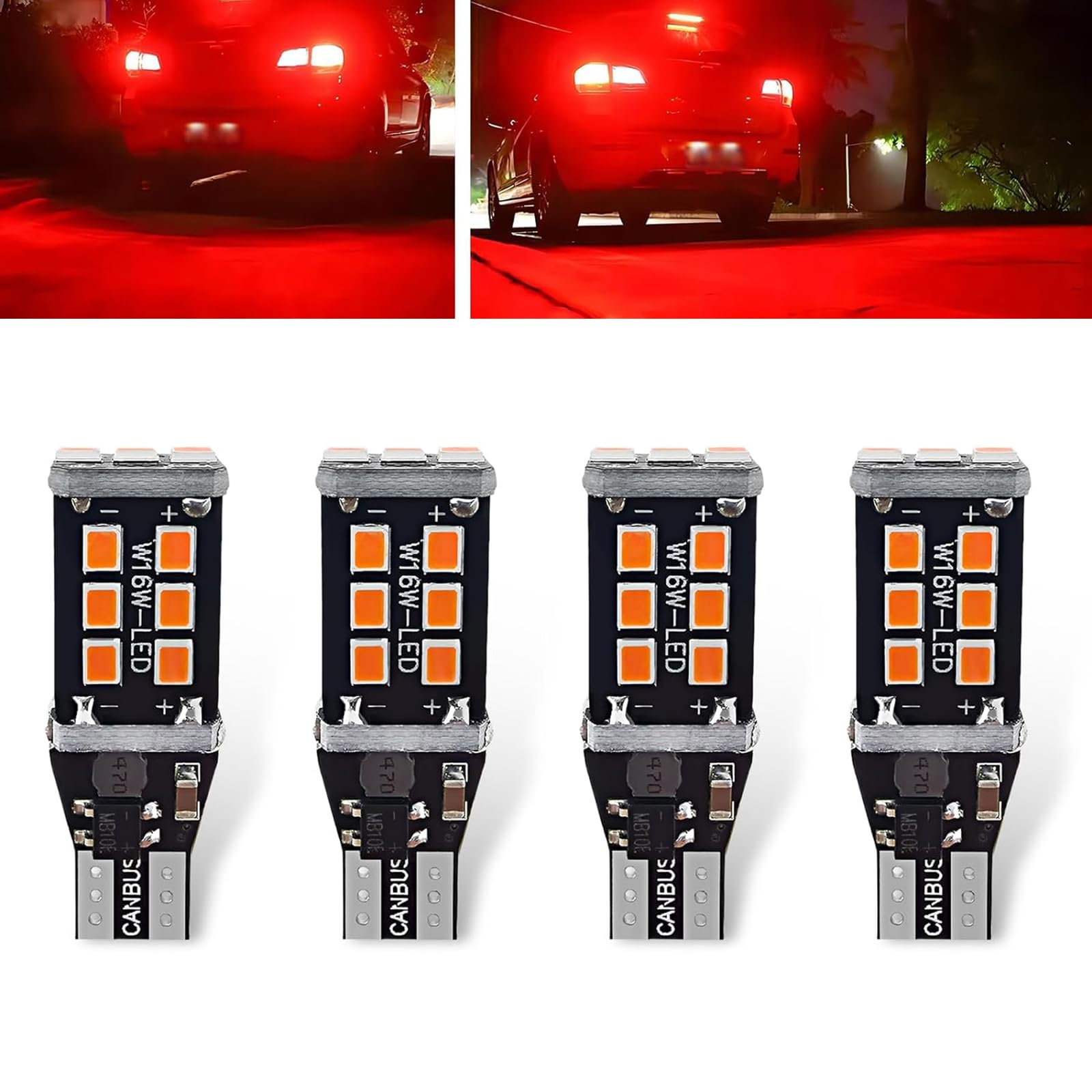 4 PCS T15 Car LED Decoding Reversing Light, 2835-15SMD Fast Heat Dissipation PC Board Smart IC Driver IP67 Waterproof Turn Signal Brake Light, Compatible with Many Types of Vehicles (Red)
