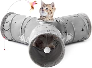 Tempcore Cat Tunnel, 3-Way Collapsible Toy for Indoor Cats, Grey Sun | 3-Way Cat Tunnel with Peek Holes, Hanging Ball and Teaser Wand, Collapsible Design for Play, Hiding, Chasing and Exercise