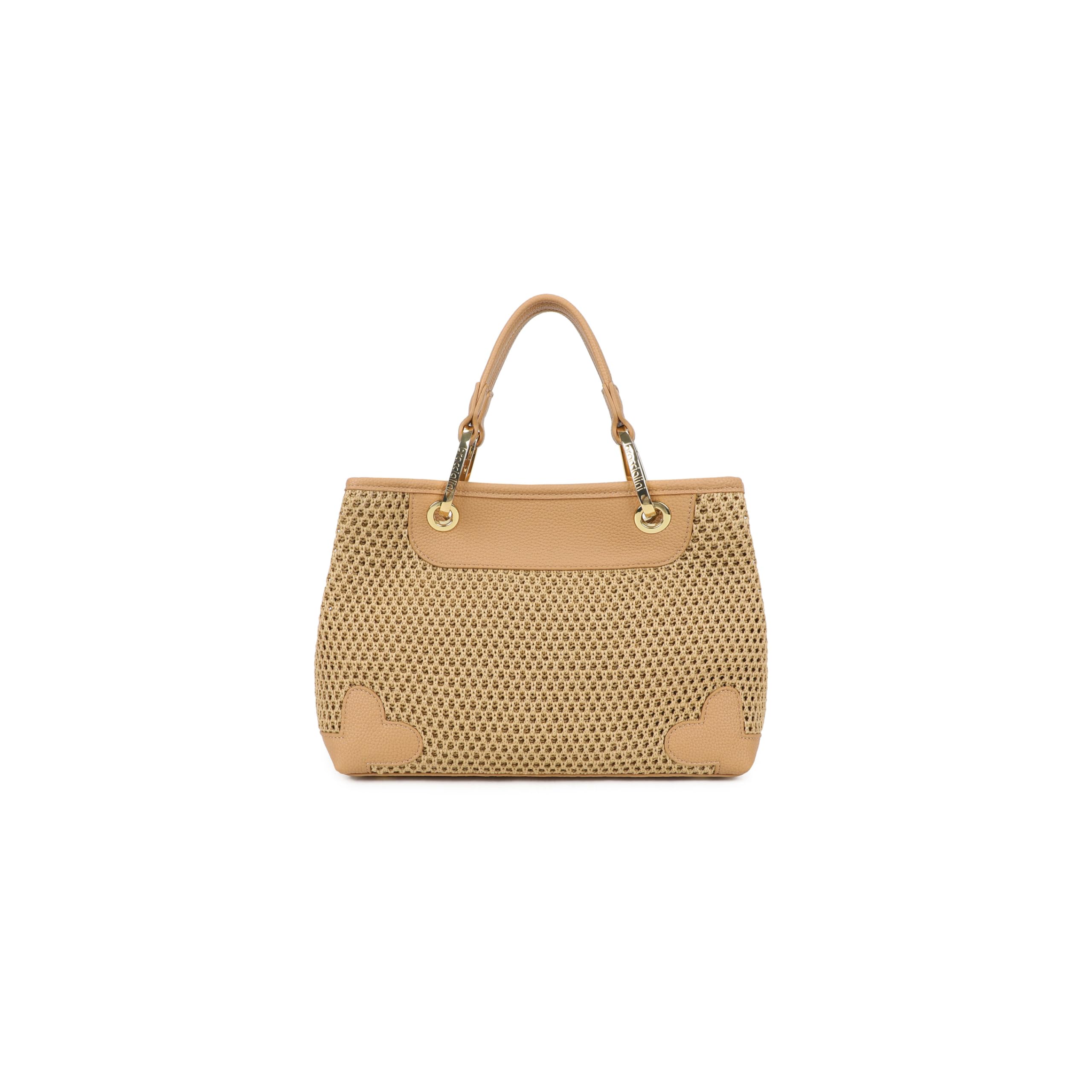 Braccialini Bolso de mano Beth Tricot de tamaño mediano en tejido de tricot efecto paja en color galleta, con asas dobles y detalles de piel sintética. La correa de hombro desmontable y ajustable