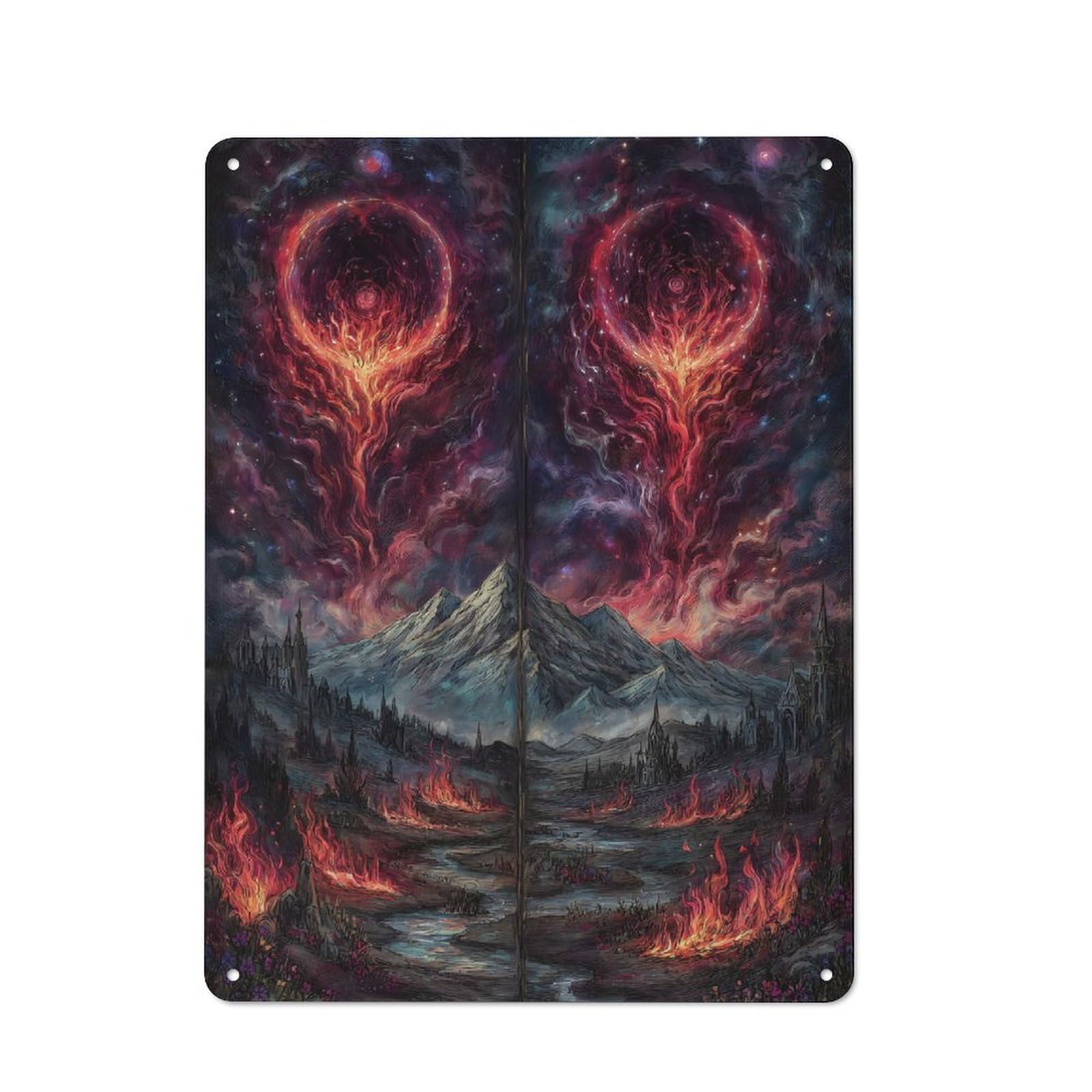 Vintage Fiery Landscape with Celestial Rings Garden Room Metal Sign 40x30cm, Garden Room Wall Plaque for Patio Bar, Workshop, Shed Or Kitchen