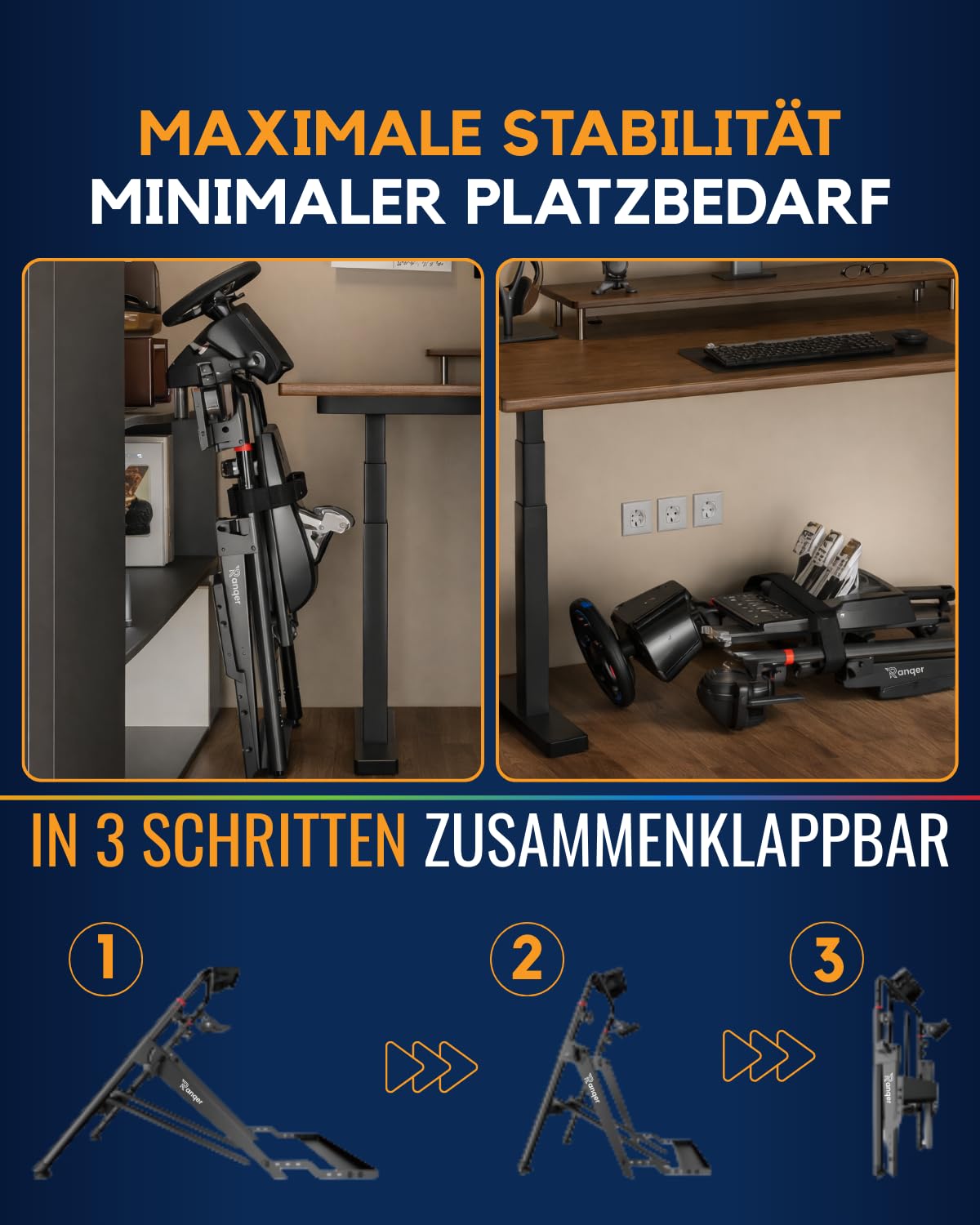 Ranqer Racing Wheel Stand Pro Lenkradständer, faltbar, aus Stahl, höhen- und neigungsverstellbar, mit integrierter Sitzhalterung und Schalthebelhalter, für Lenkrad und Pedale, Schwarz