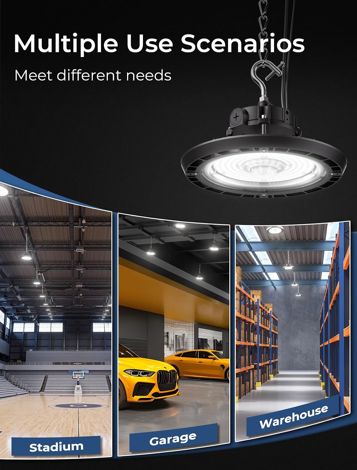 LED High Parking Lot Light 150W, 20700LM 5000K Daylight, Adjustable Beam Angles, Plug & Play with US Hook, IP65 Waterproof, Dimmable Led Garage Light for Warehouse, Gym, Factory (UL Listed)