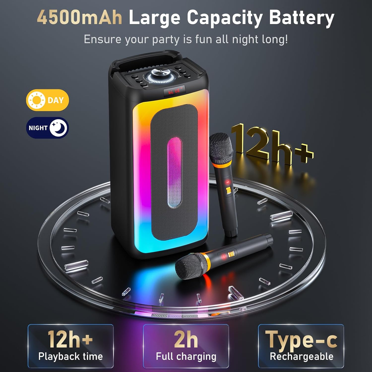 HWWR T25T Karaoke Machine with battery life and charging time indicators