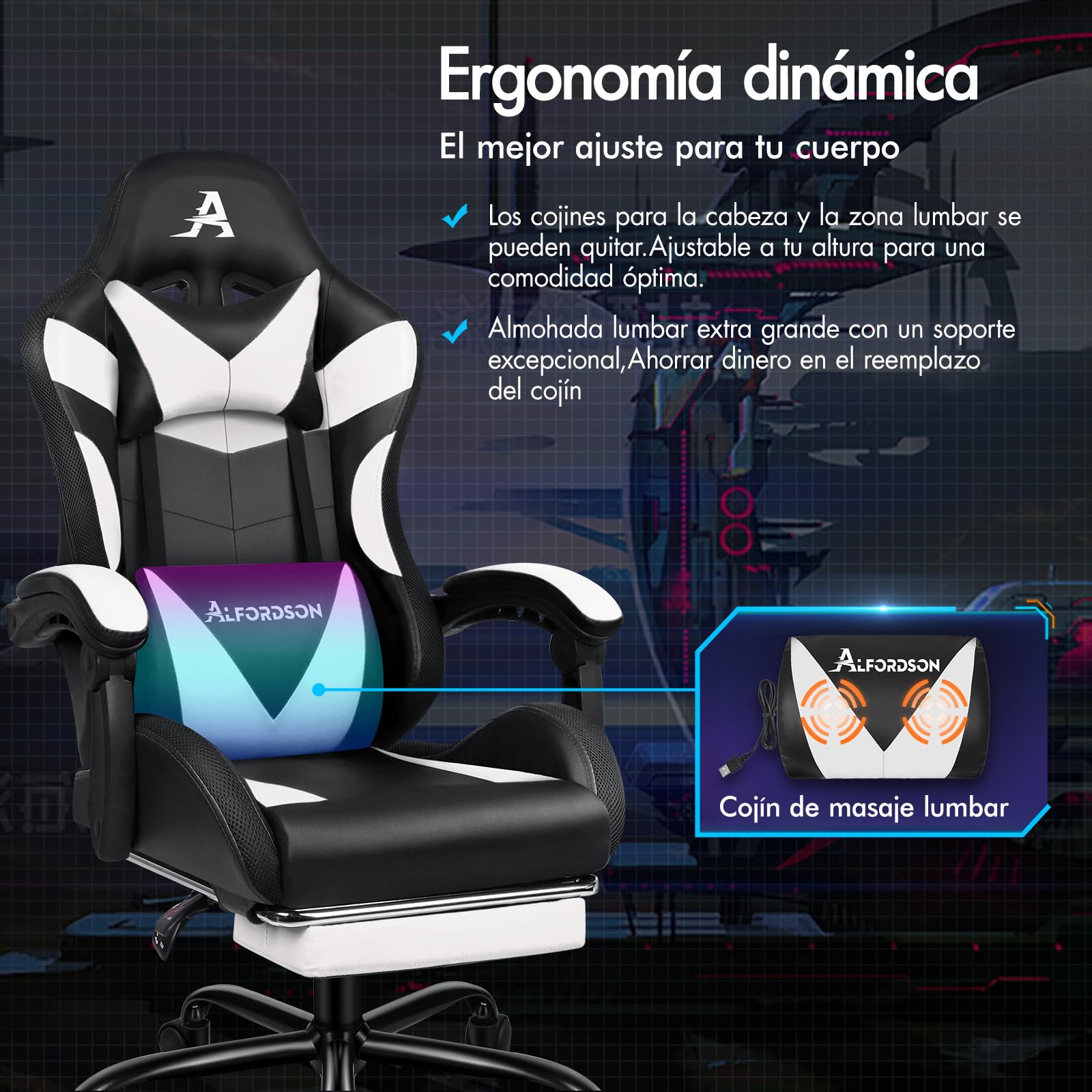 ALFORDSON Silla Gaming con Masajeador y Luces LED, Silla Gamer Ergonómica para Escritorio, Altura Regulable Cadeira con Apoyo Lumbar y Reposacabezas, Respaldo Inclinable hasta 150°, Cuero PU(Blanca)