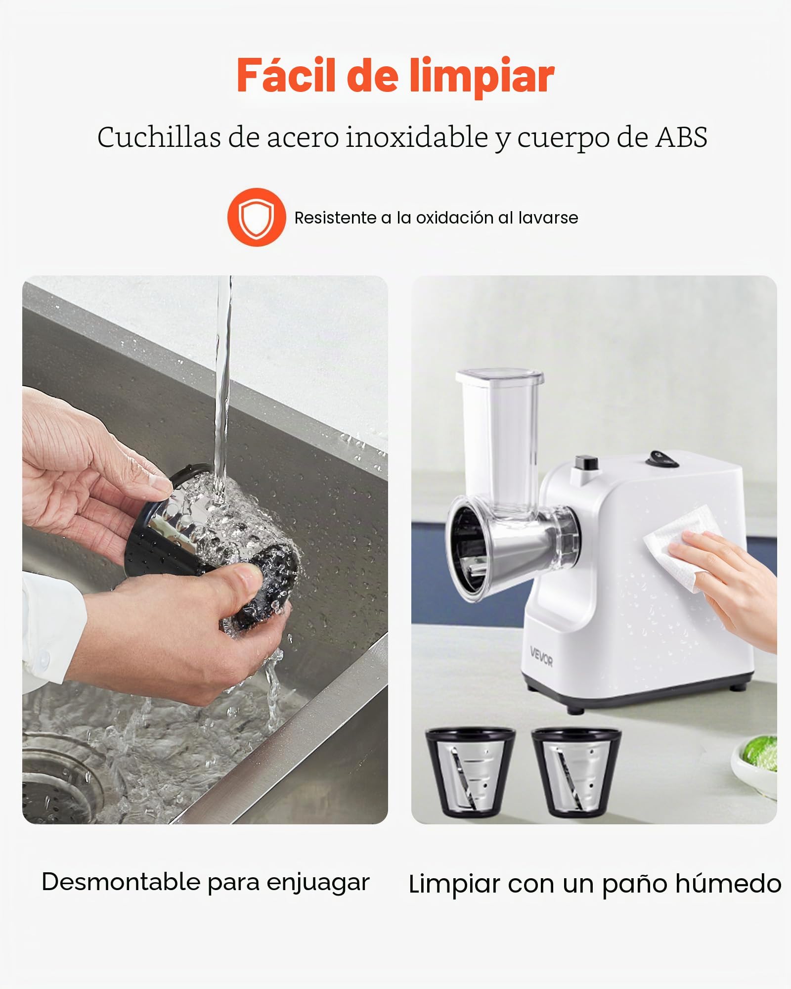 VEVOR Rallador de Queso Eléctrico 5 en 1, ABS, Cortador de Ensaladas de 200 W, con 5 Accesorios, Cuchillas de Acero Inoxidable para Verduras y Queso, Corte Rápido, 240 x 125 x 270 mm, Blanco